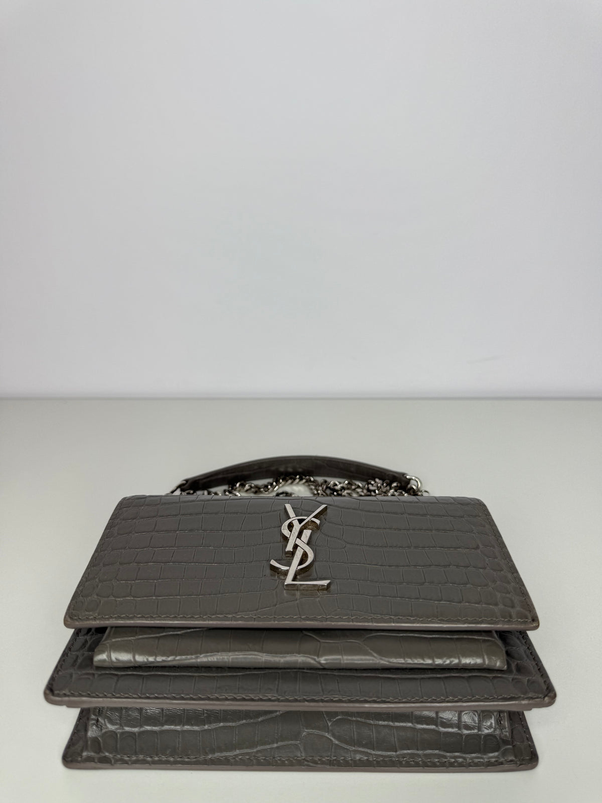 Saint Laurent Grey Croc Embossed Leather Mini Sunset Bag