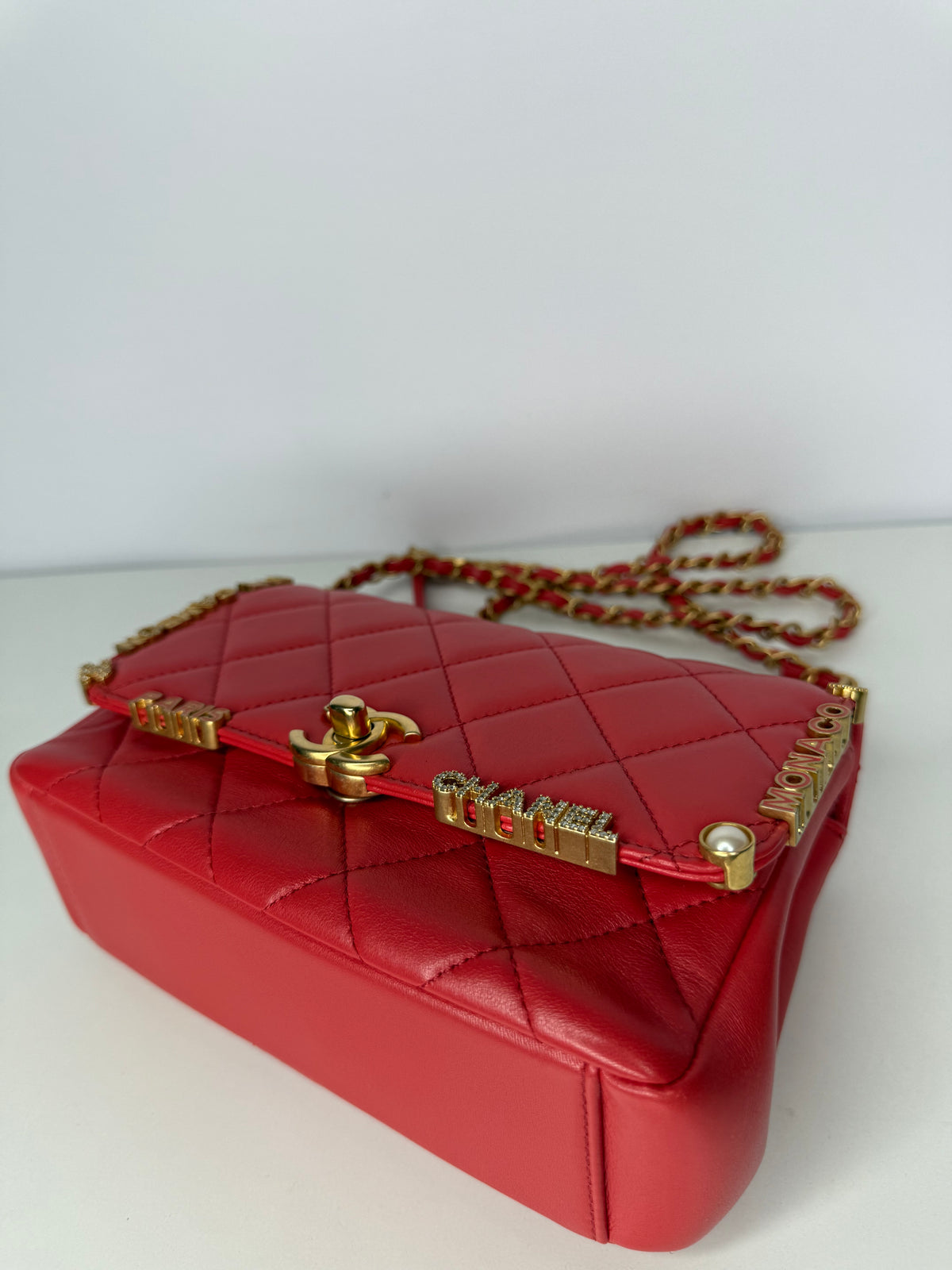 Chanel Paris–Monaco Cruise 2023 Coral Red Lambskin Crystal Flap Bag