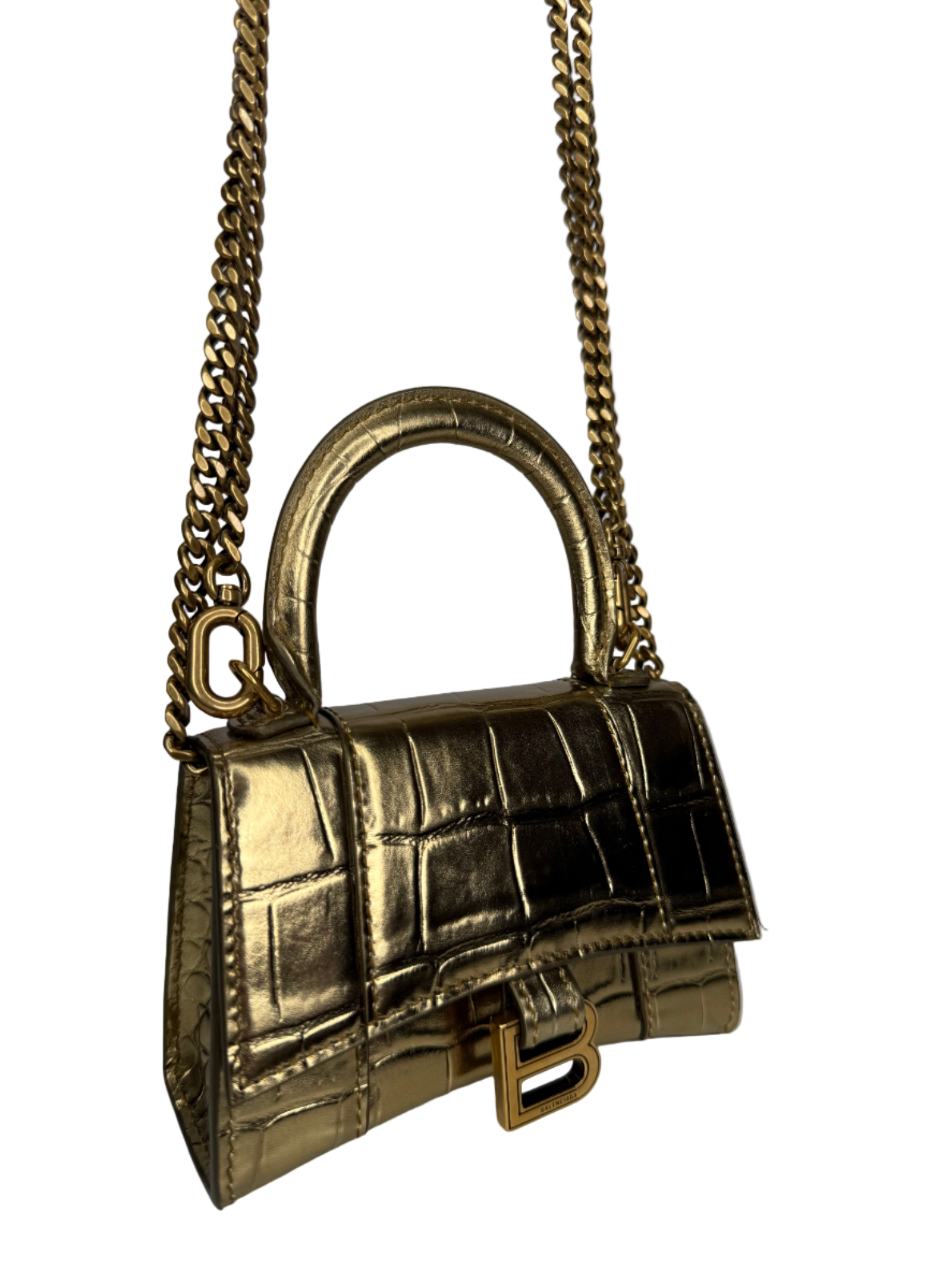 Balenciaga Gold Croc Embossed Hourglass Nano Top Handle Bag