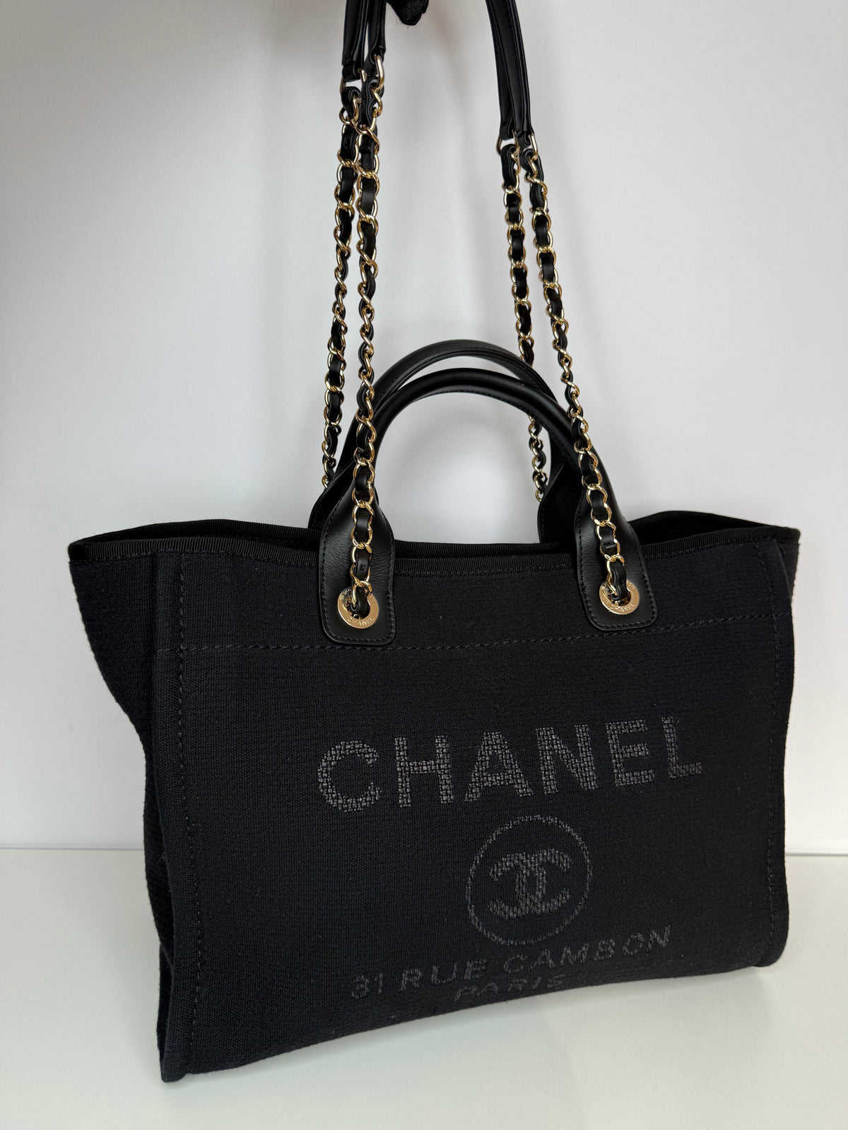 Chanel Deauville Black Canvas Shopping Tote with Pouch