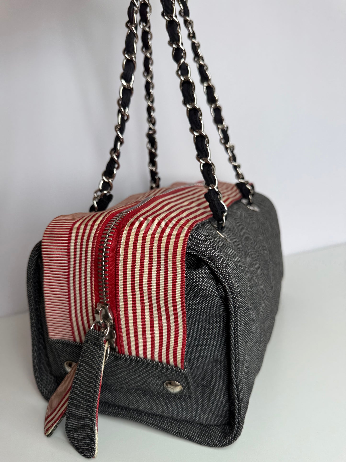 Chanel Blue/Red Quilted Denim CC Bowler Shoulder Bag