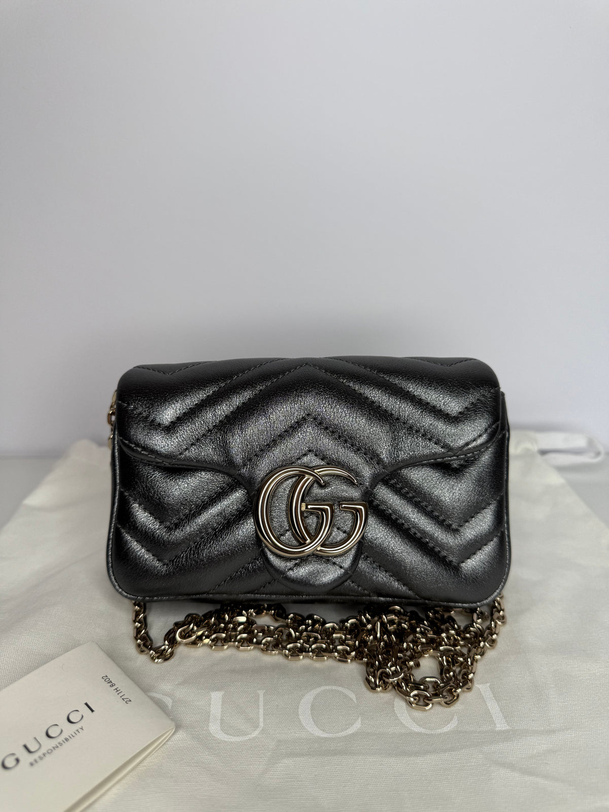 Gucci Calfskin Matelasse Super Mini GG Marmont Shoulder Bag Dark Gray