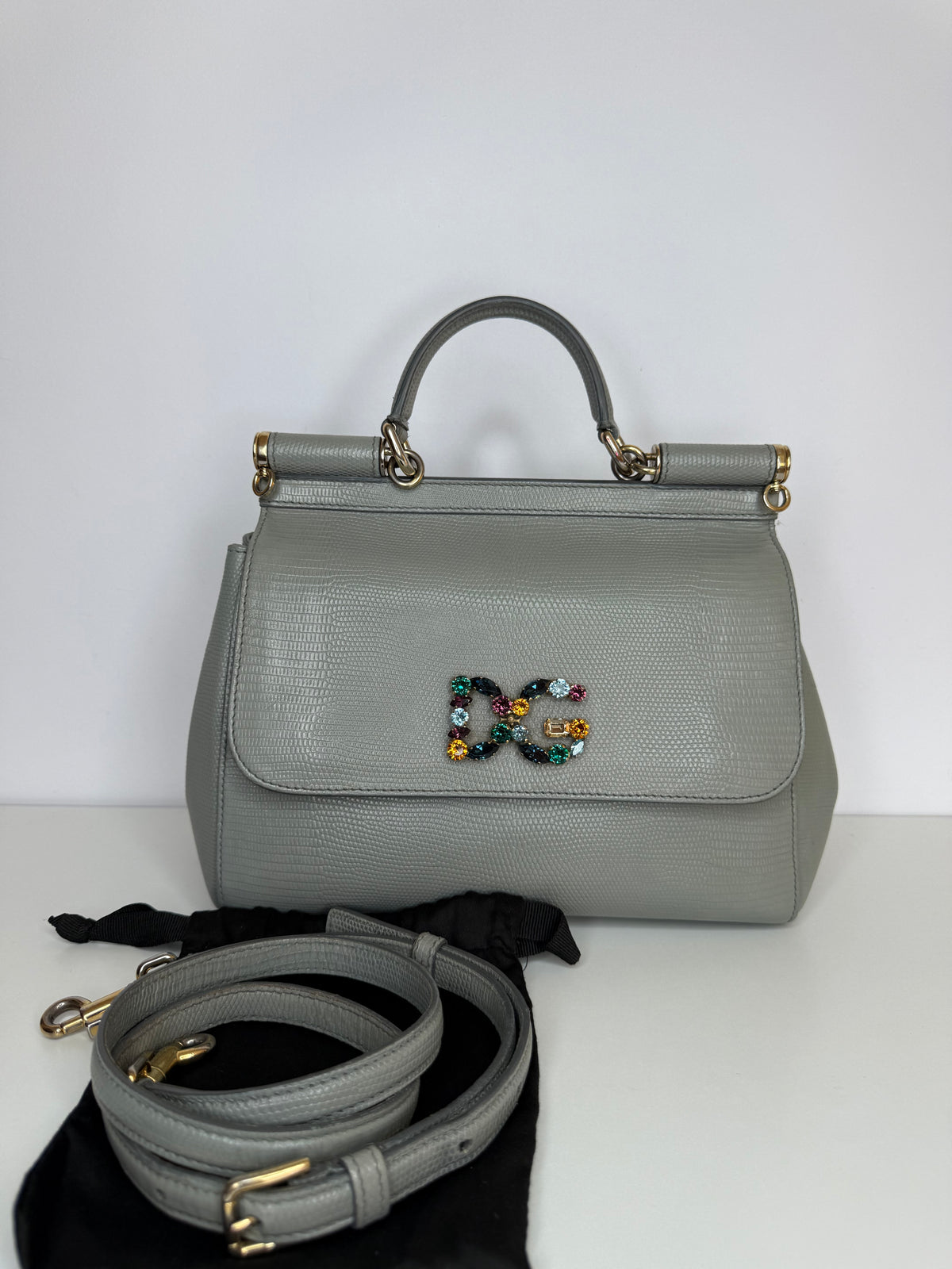 Dolce Gabbana Grey Lizard Embossed Leather Medium Miss Sicily Top Handle Bag