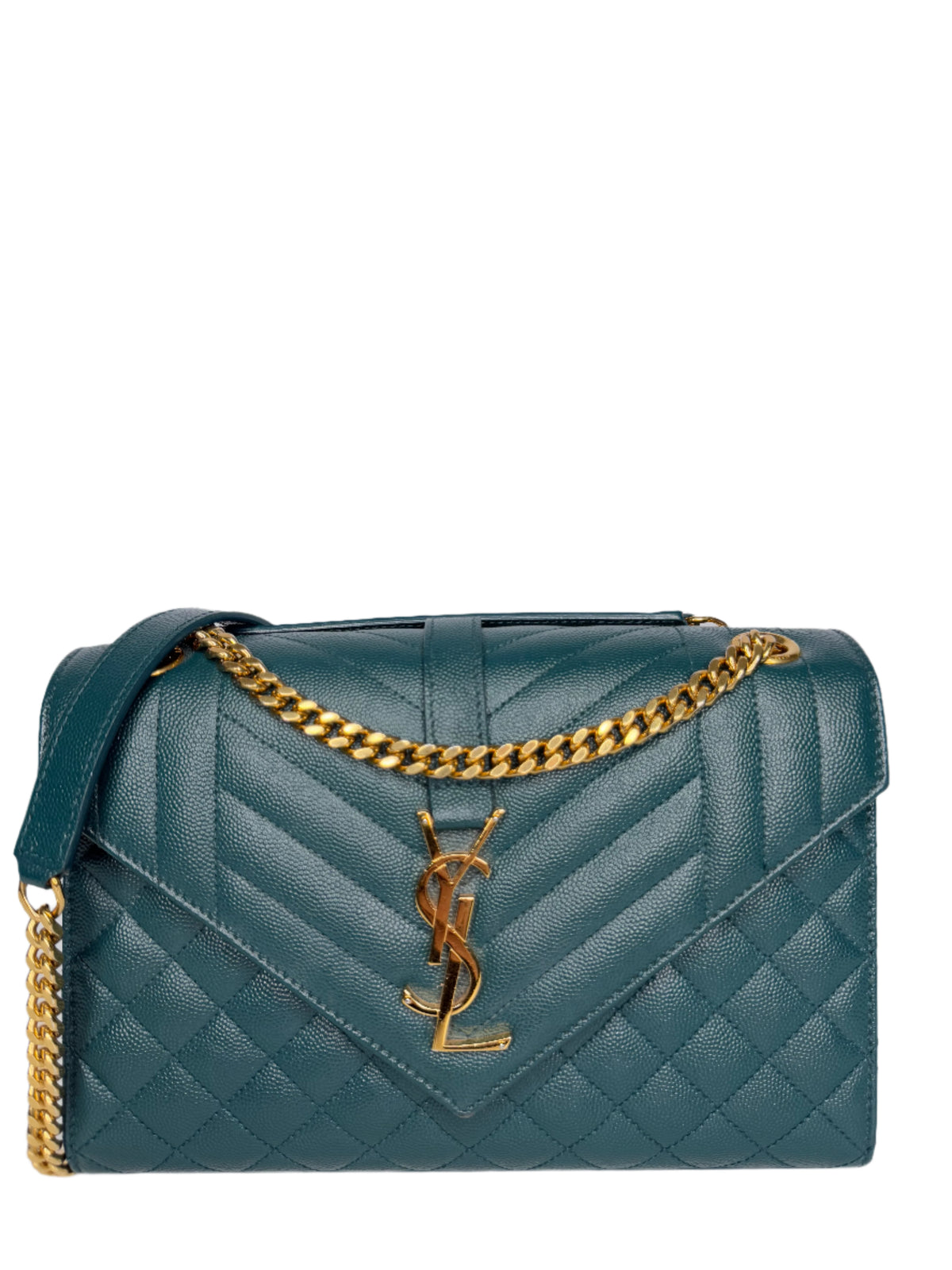 Saint Laurent Envelope Medium Quilted Grain De Poudre Green Leather