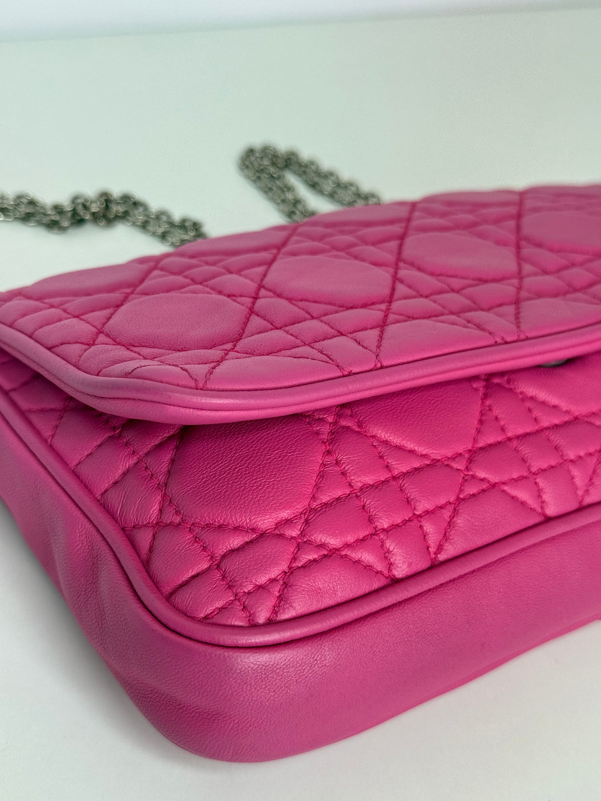 Christian Dior Fuchsia Cannage Quilted Lambskin Wallet on Chain Pochette