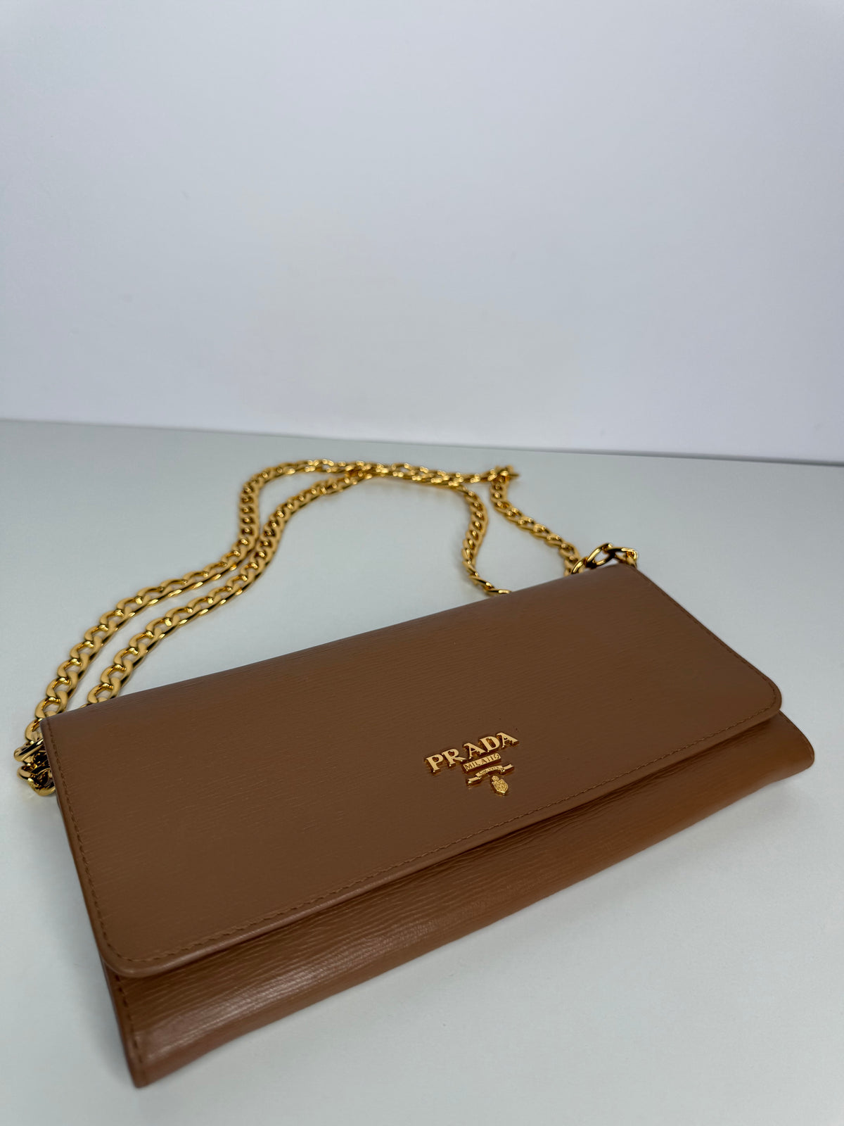 Prada Tan Vitello Move Leather Wallet on Chain