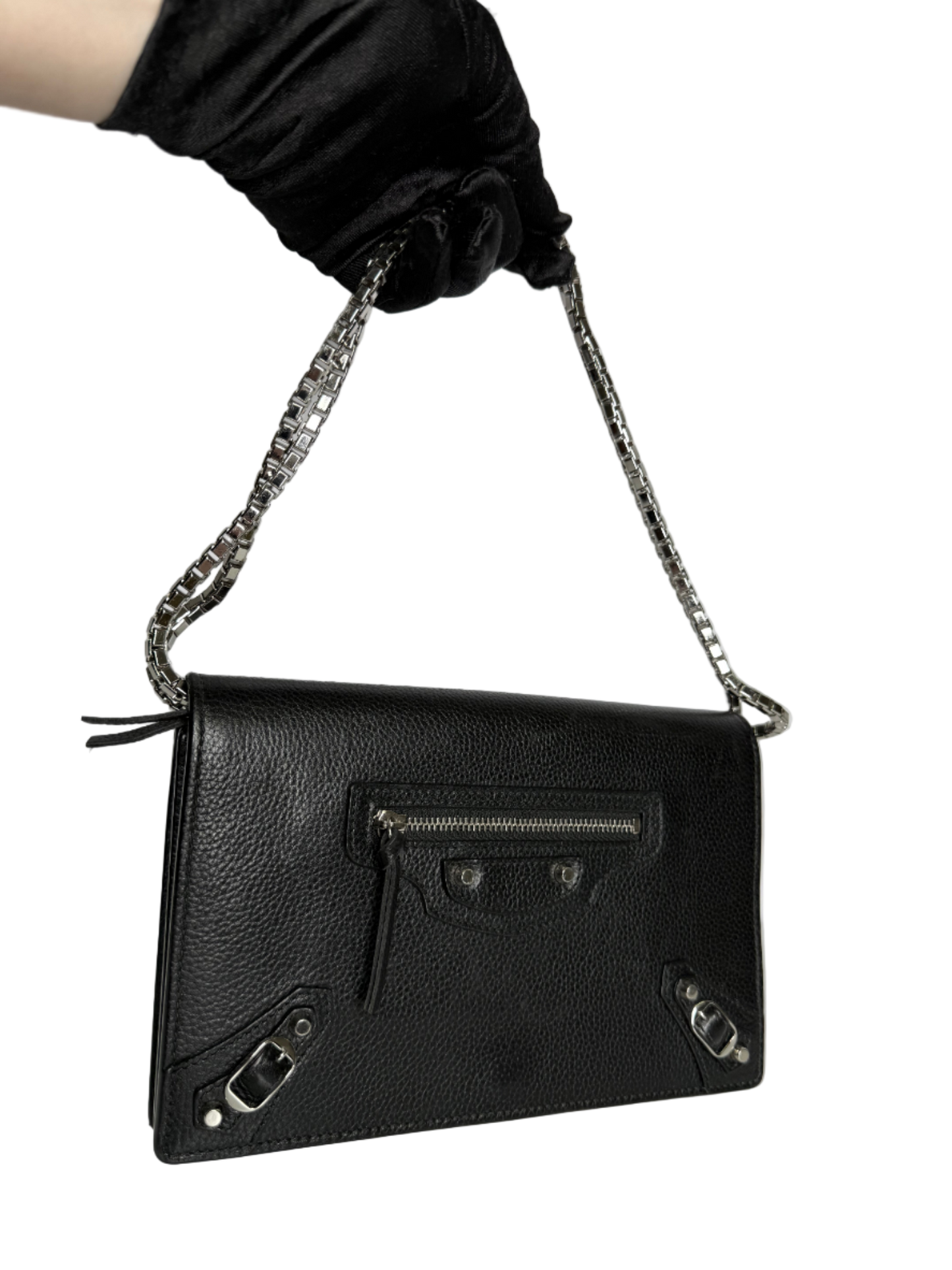 Balenciaga Grained Black Calfskin Silver Hardware Wallet on Chain