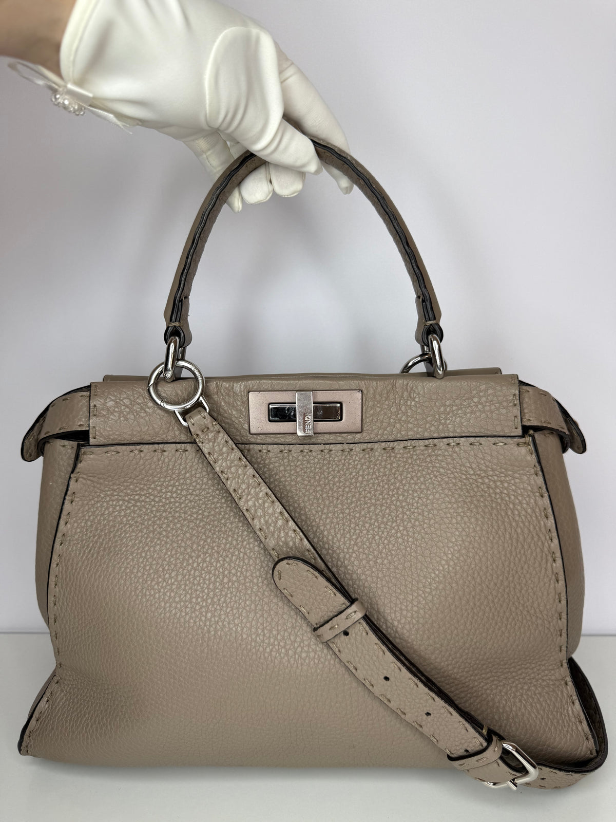 Fendi Peekaboo Grey Selleria Leather Medium Top Handle Bag