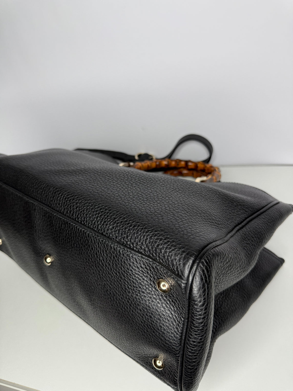 Gucci Black Pebbled Leather Bamboo Top Handle Medium Tote Bag
