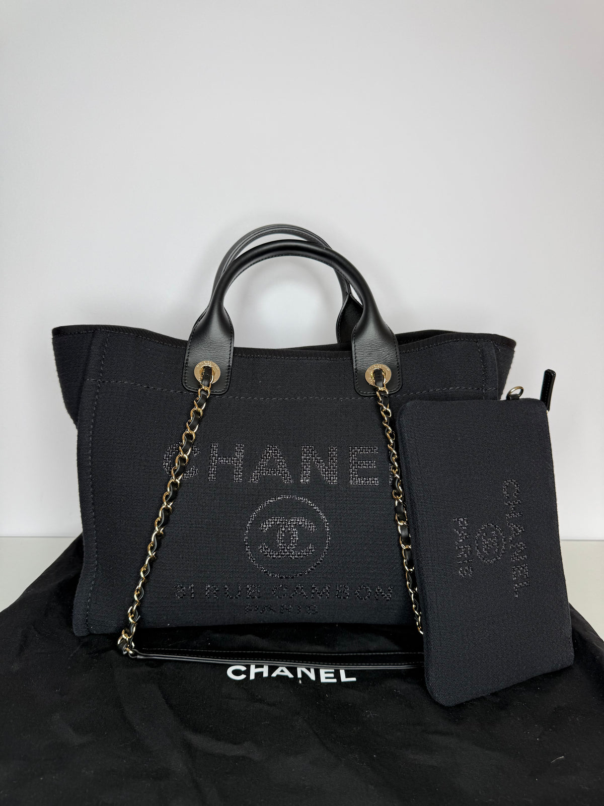 Chanel Deauville Black Canvas Shopping Tote with Pouch