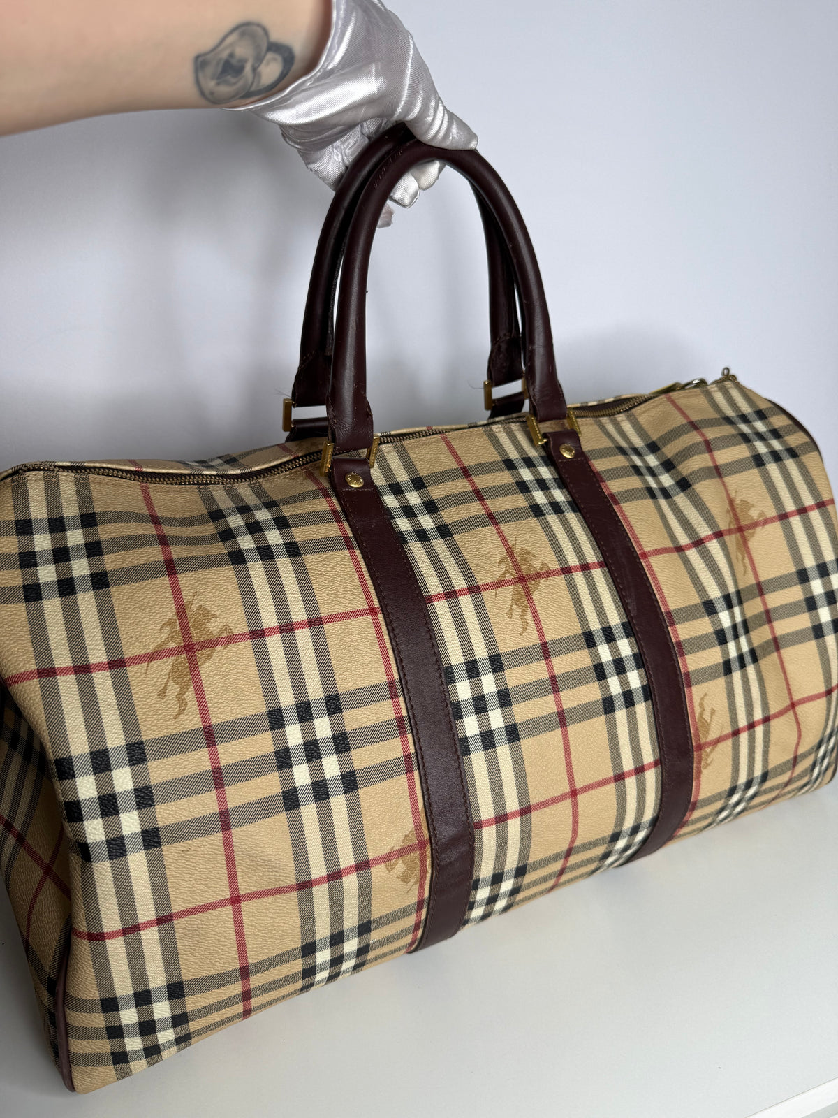 Burberry Haymarket Check Duffle Bag Dark Brown