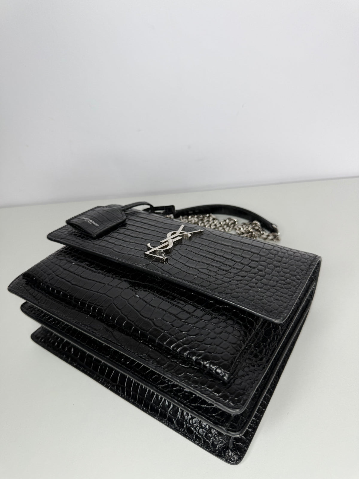 Saint Laurent Sunset Medium Black Calfskin Crocodile Embossed
