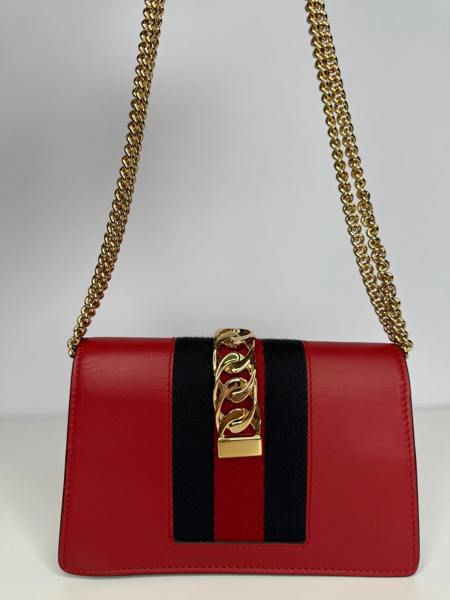 Gucci Mini Sylvie Red Leather Web Signature Chain Crossbody Bag