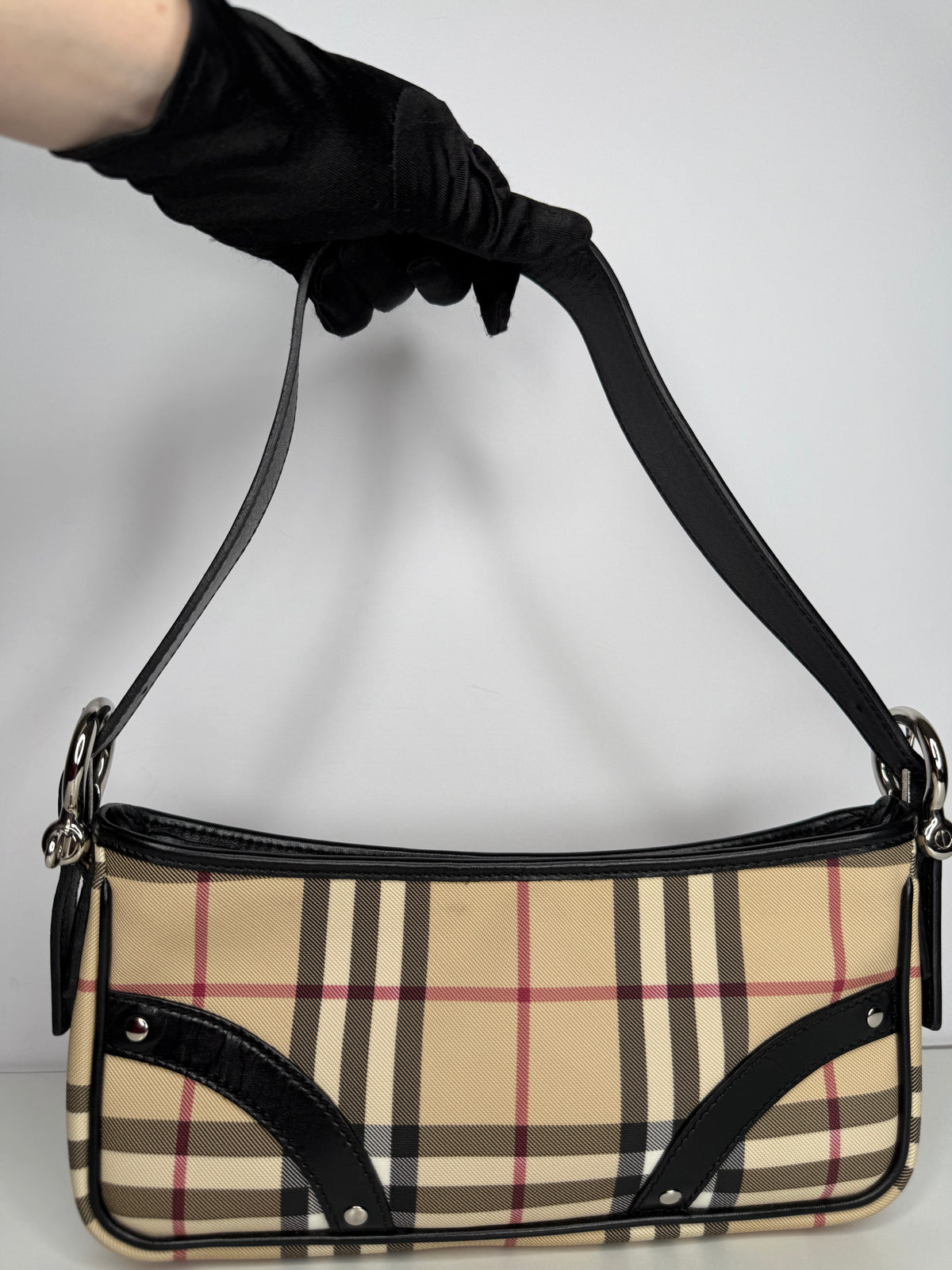 Burberry Black/Beige House Check PVC and Leather Pochette Bag