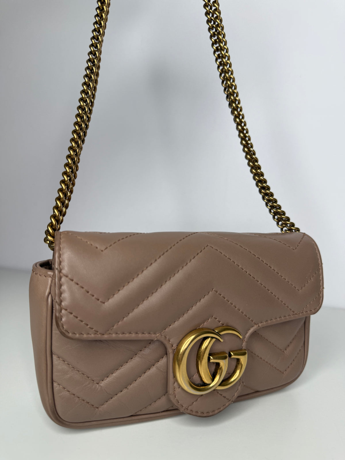Gucci Calfskin Matelasse Super Mini GG Marmont Shoulder Bag Porcelain Rose