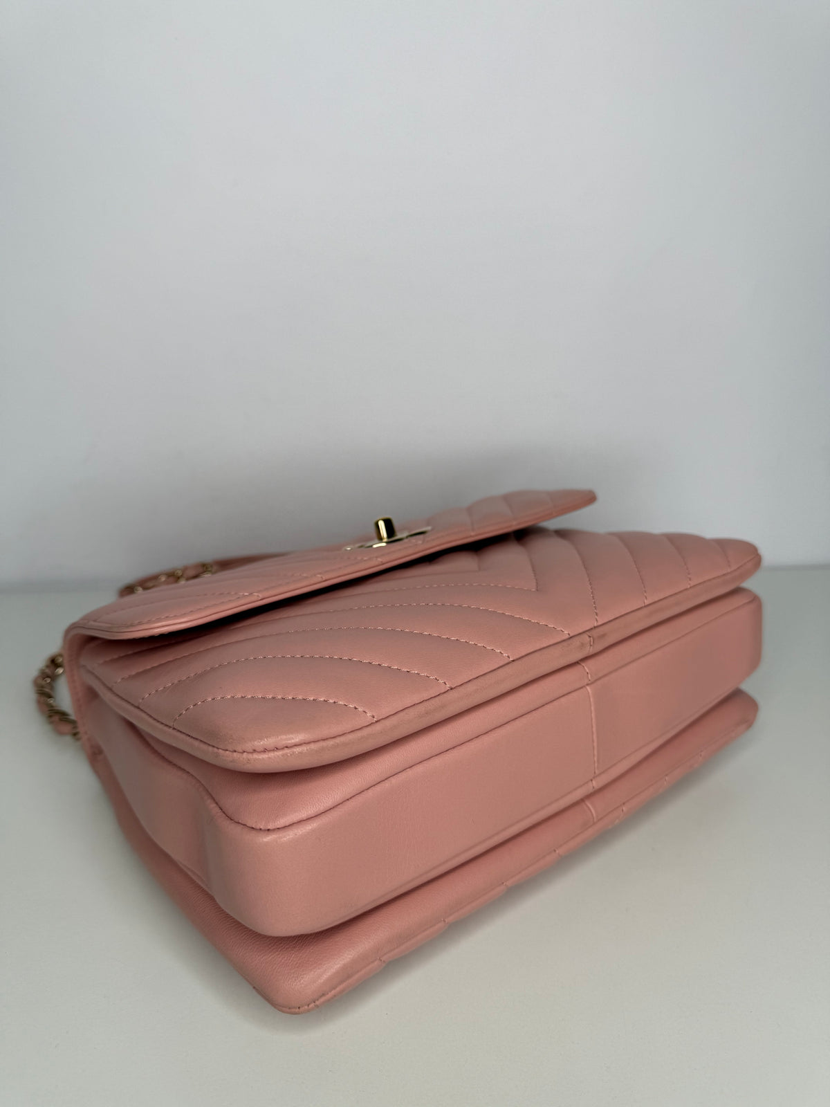 Chanel Small Trendy CC Light Pink Lambskin Chevron Quilted Top Handle Bag