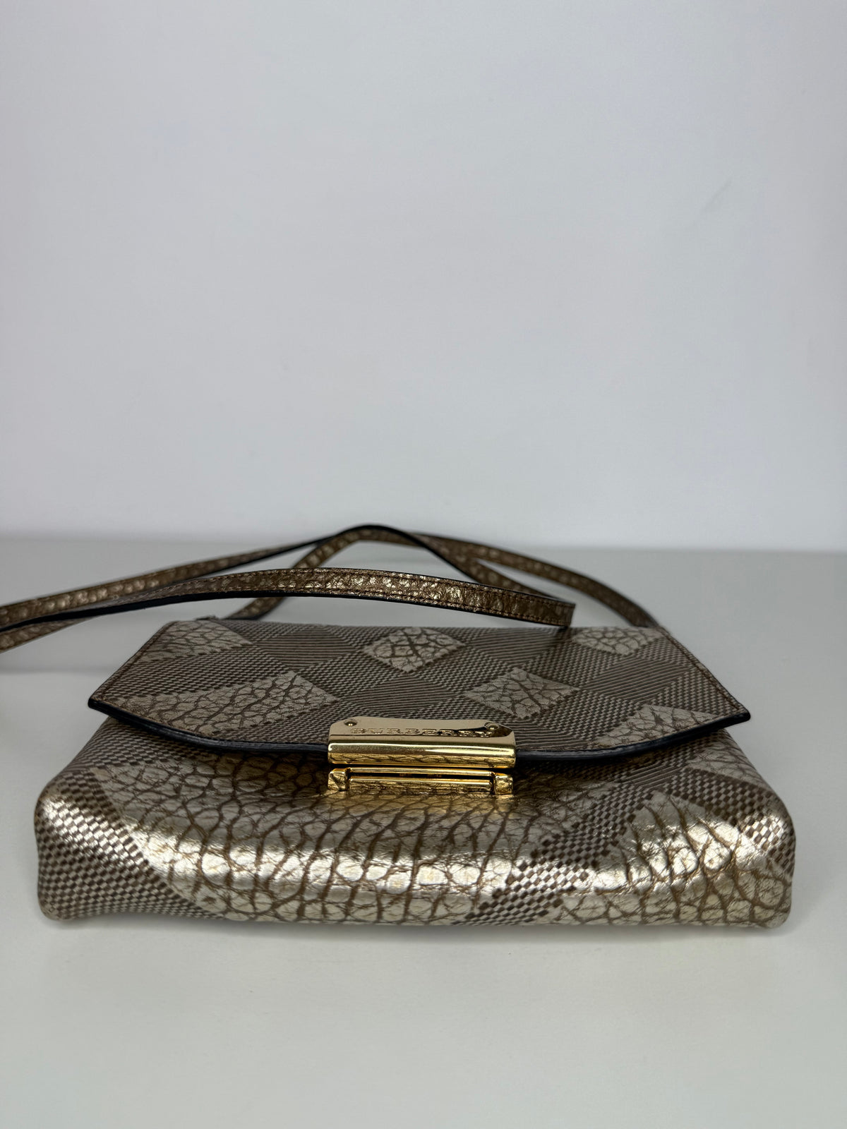 Burberry Gold Embossed Check Leather Flap Crossbody Bag