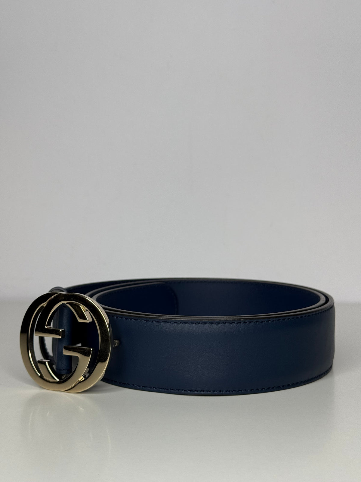 Gucci Navy Blue Leather Interlocking G Buckle Belt