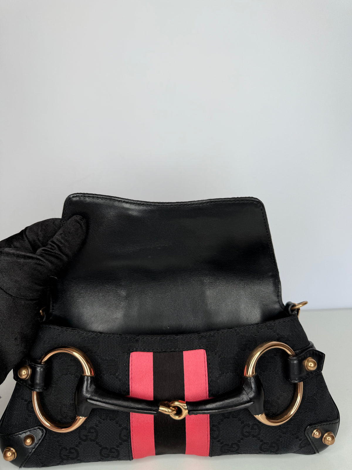 Gucci Vintage Tom Ford Era Black/Pink GG Canvas Horsebit Chain Clutch Rose Gold