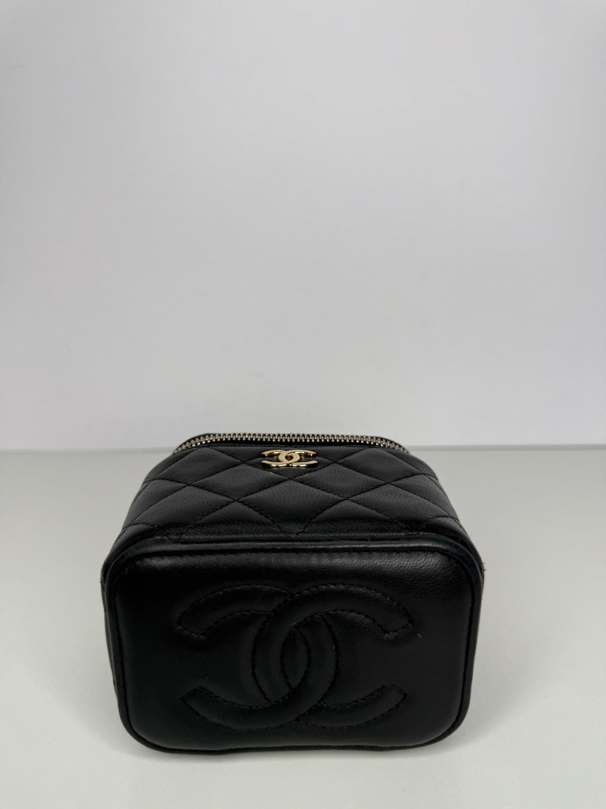Chanel Mini Top Handle Vanity With Chain Black Lambskin Gold Hardware