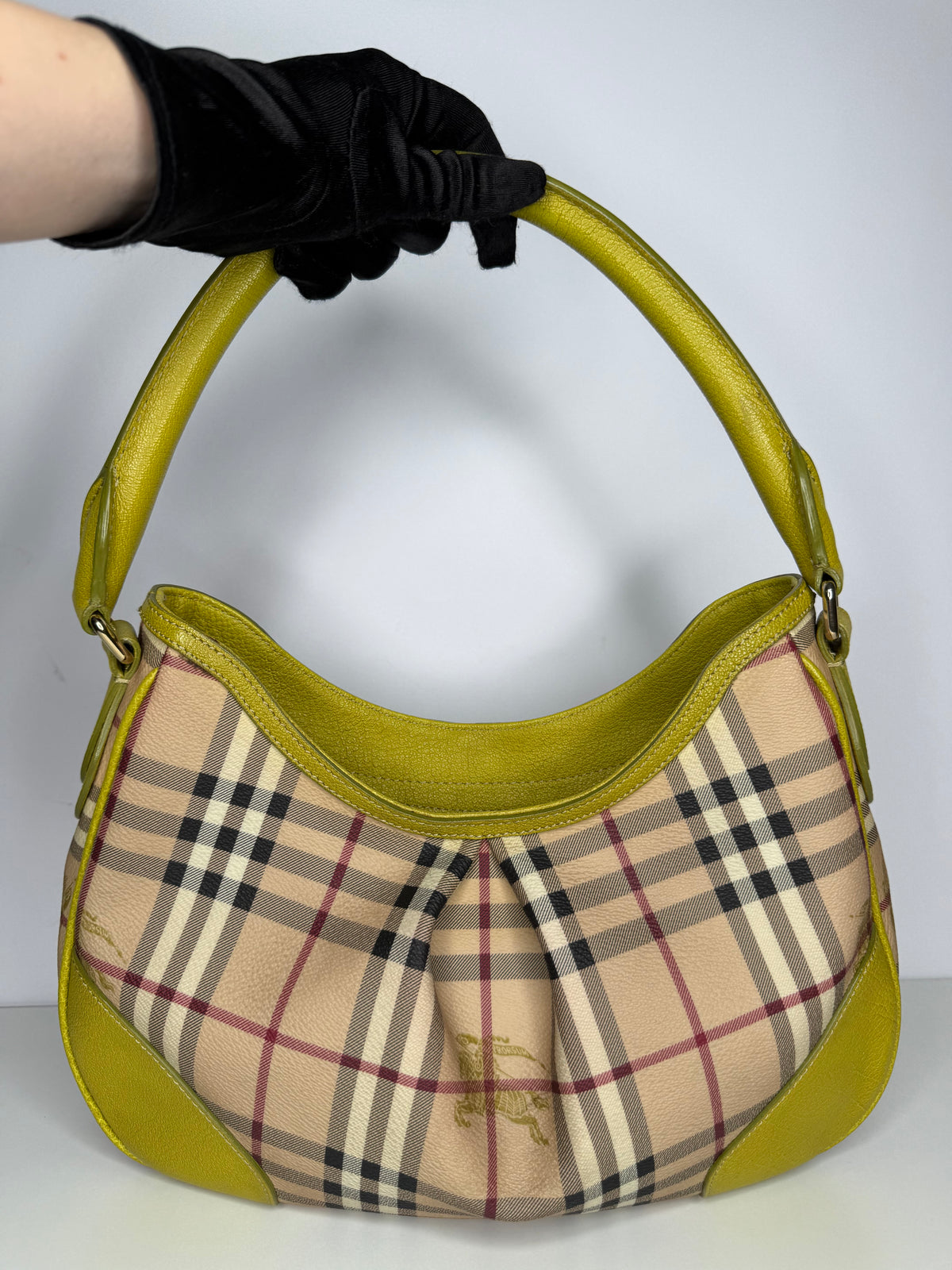 Burberry Beige/Neon Green Haymarket Check Coated Canvas And Leather Hernville Hobo
