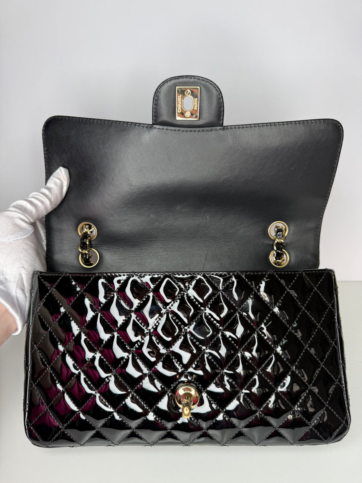 Chanel Medium Classic Flap Bag in Black Quilted Patent Leather