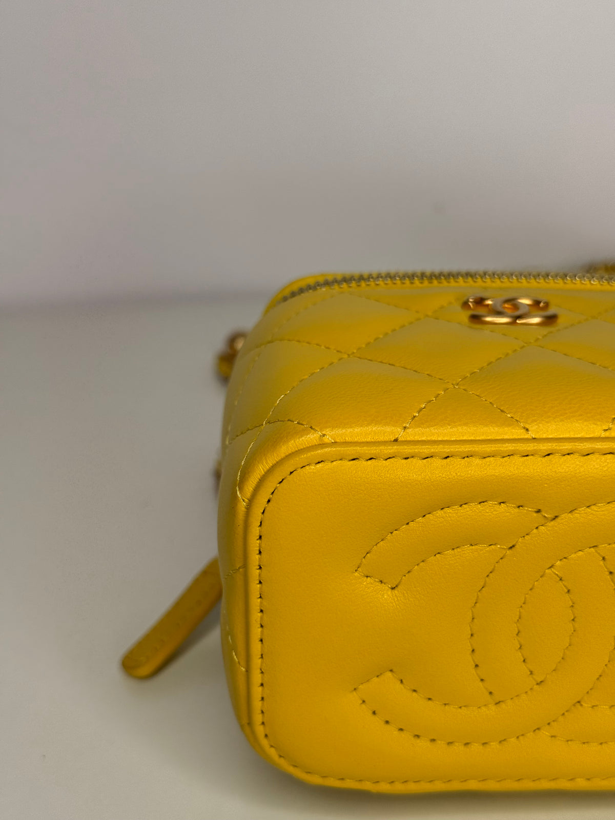 Chanel Yellow Lambskin Quilted Pearl Crush Mini Vanity Case