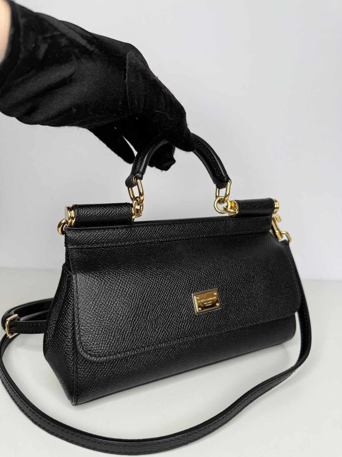 Dolce Gabbana Small Sicily Bag in Black Dauphine Calfskin Top Handle Bag