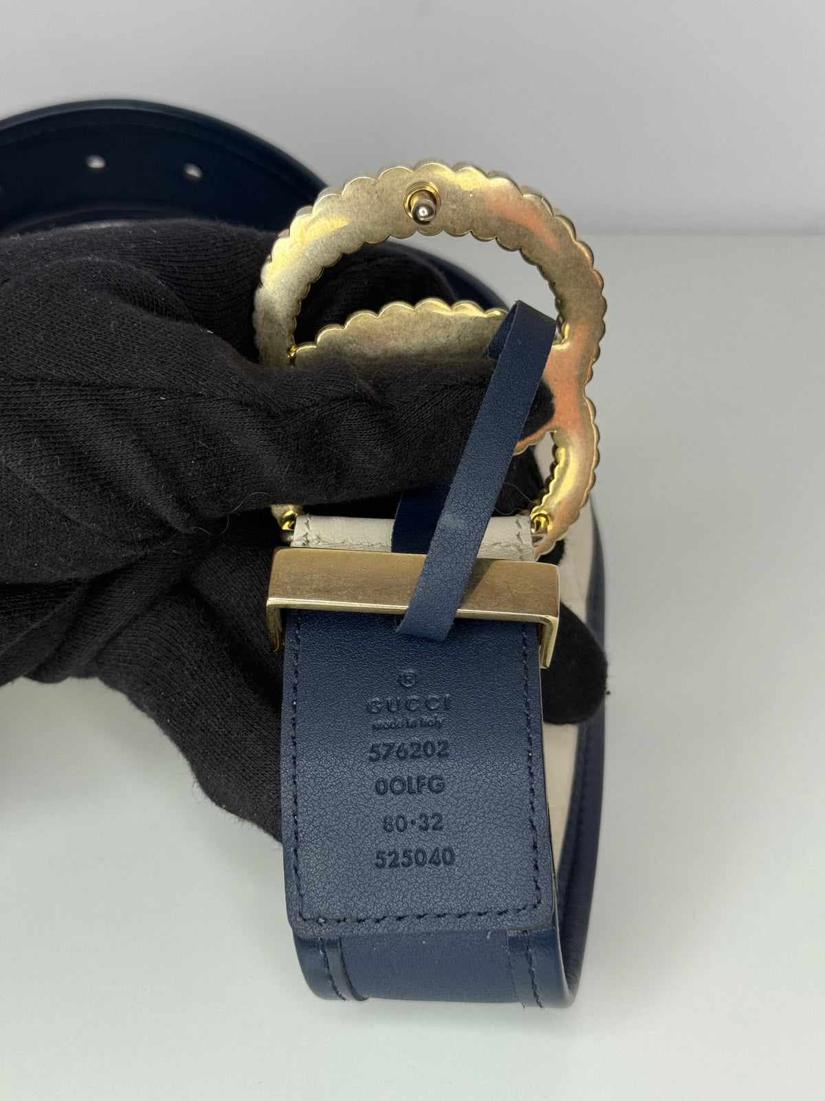 Gucci GG Marmont Torchon White/Blue Leather Belt