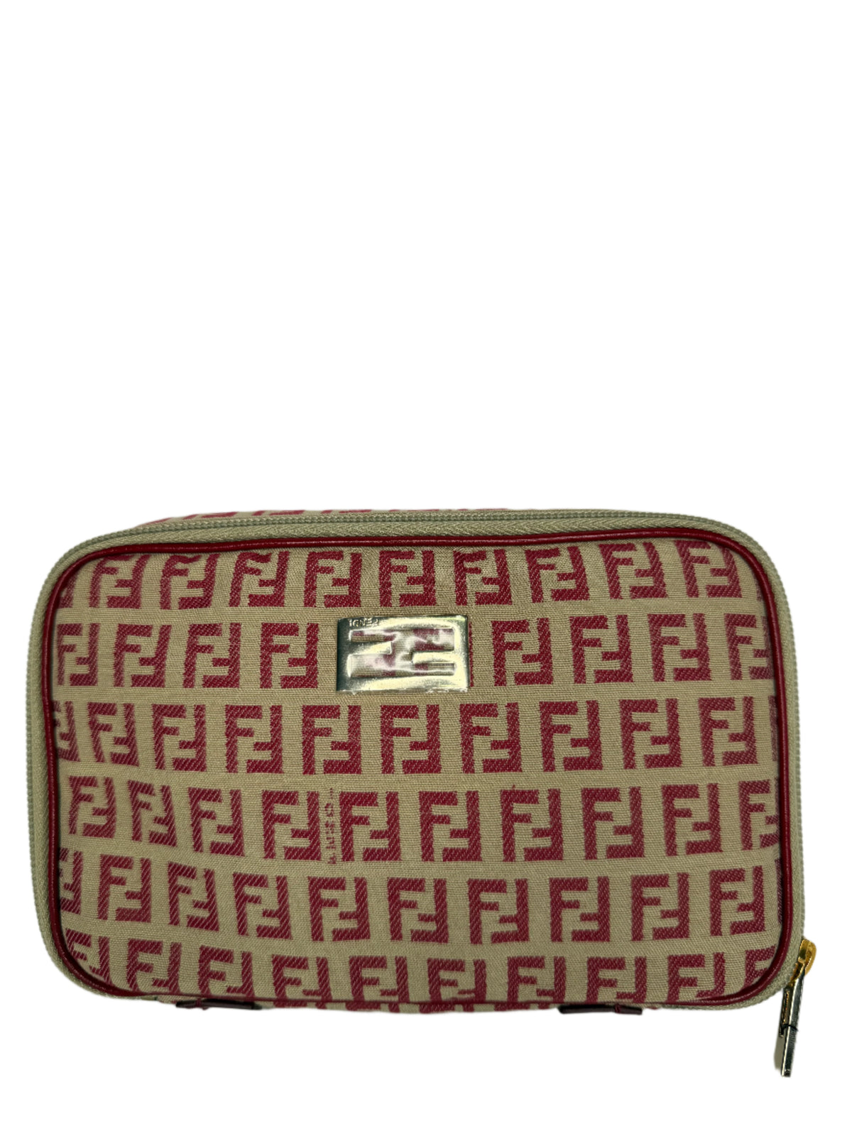 Fendi Beige and Red Zucchino Canvas Cosmetic Pouch