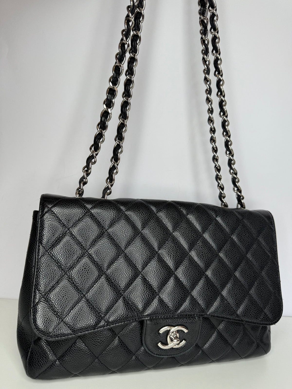 Chanel Jumbo Classic Single Flap Black Caviar Leather Silver Hardware
