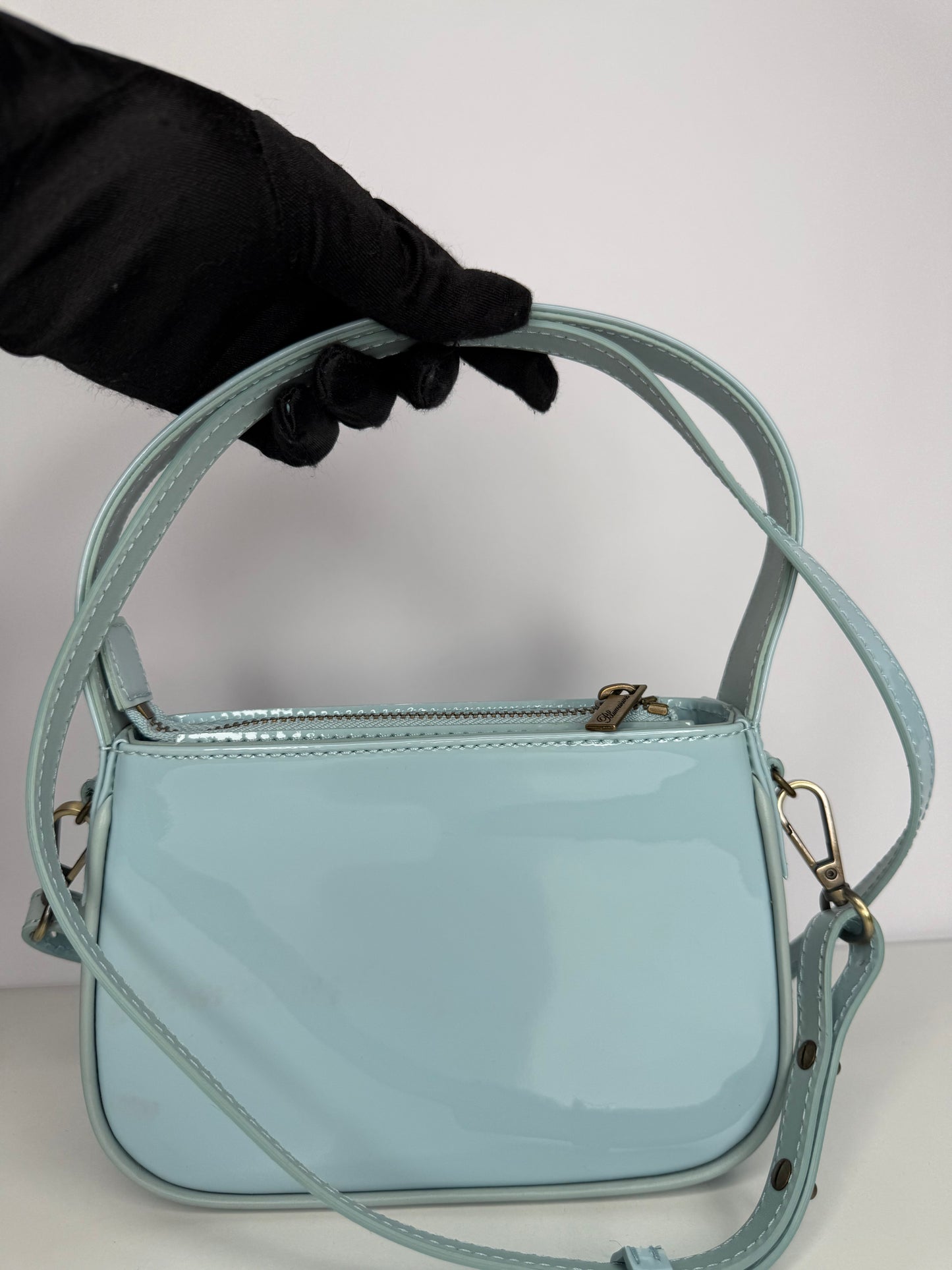 Blumarine Light Blue Patent Leather Crystal‑Logo Shoulder Bag