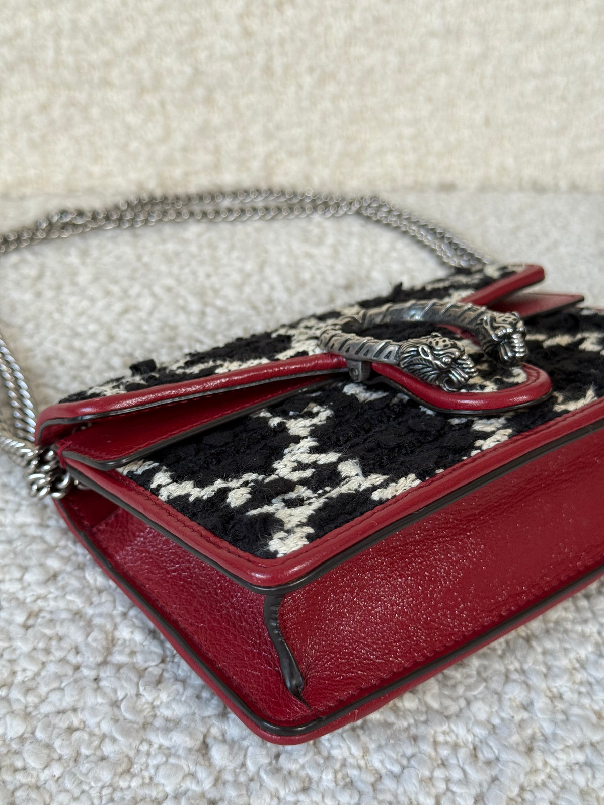 Gucci Red/Black GG Tweed Super Mini Dionysus Chain Bag