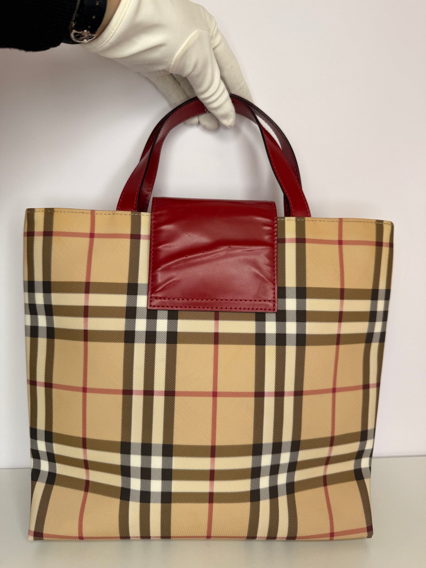 Burberry Beige/Red Nova Check Coated Canvas Top Handle Bag