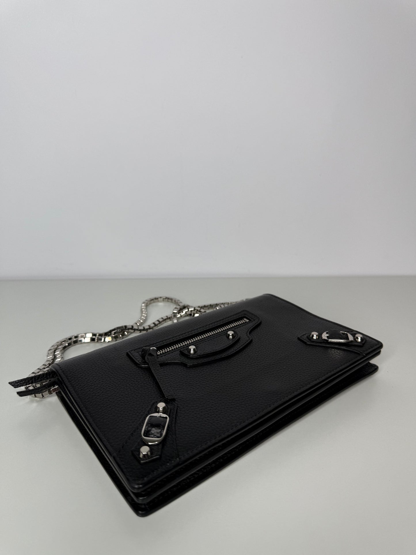 Balenciaga Grained Black Calfskin Silver Hardware Wallet on Chain