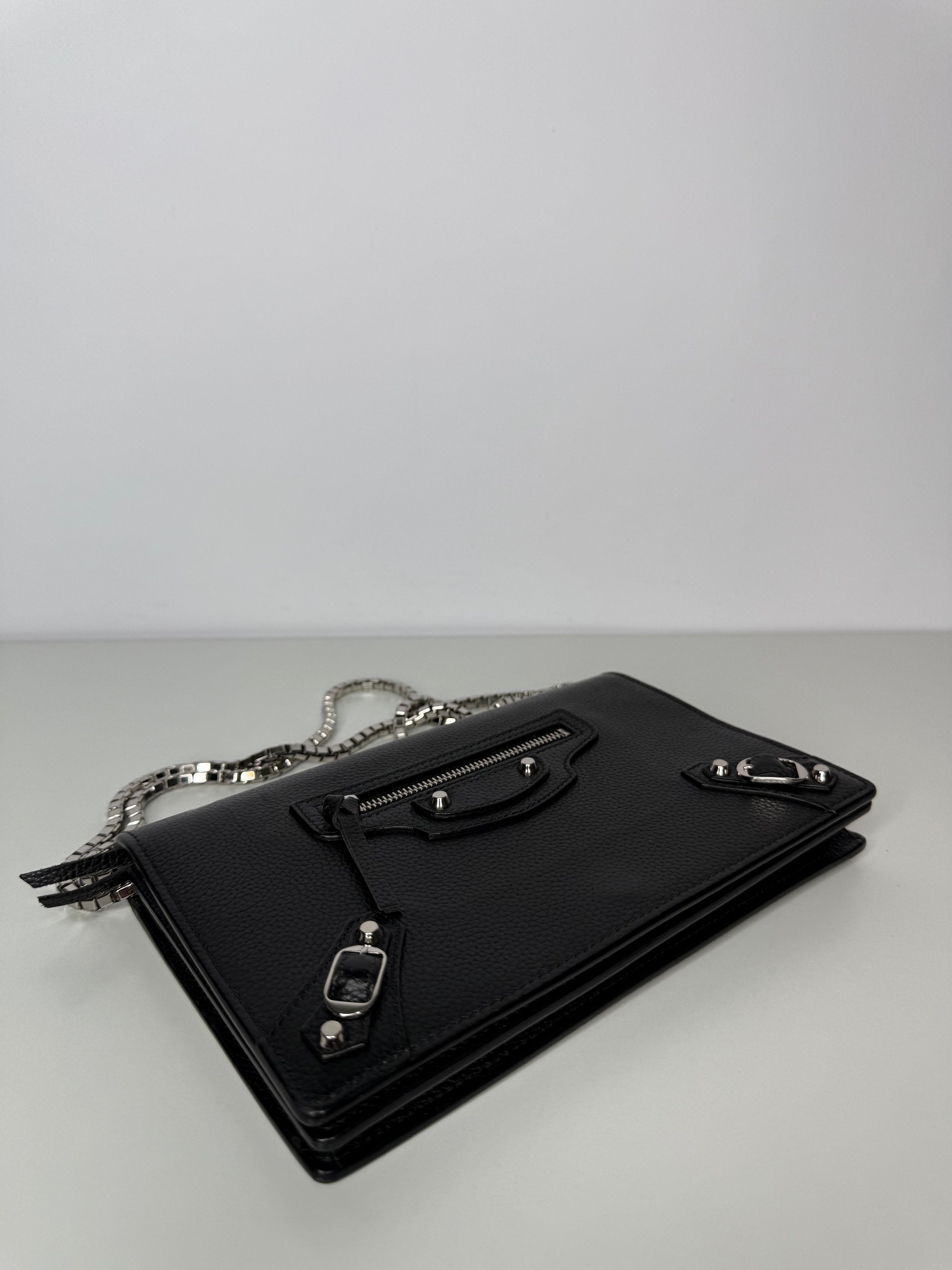Balenciaga Grained Black Calfskin Silver Hardware Wallet on Chain