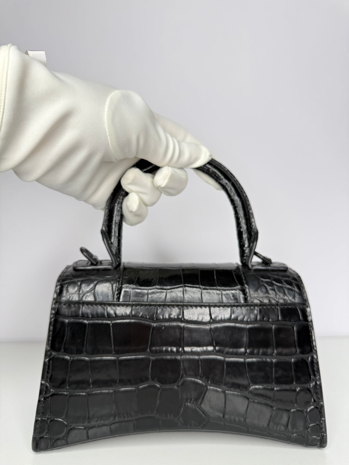 Balenciaga XS Hourglass Croc Embossed Bag Black
