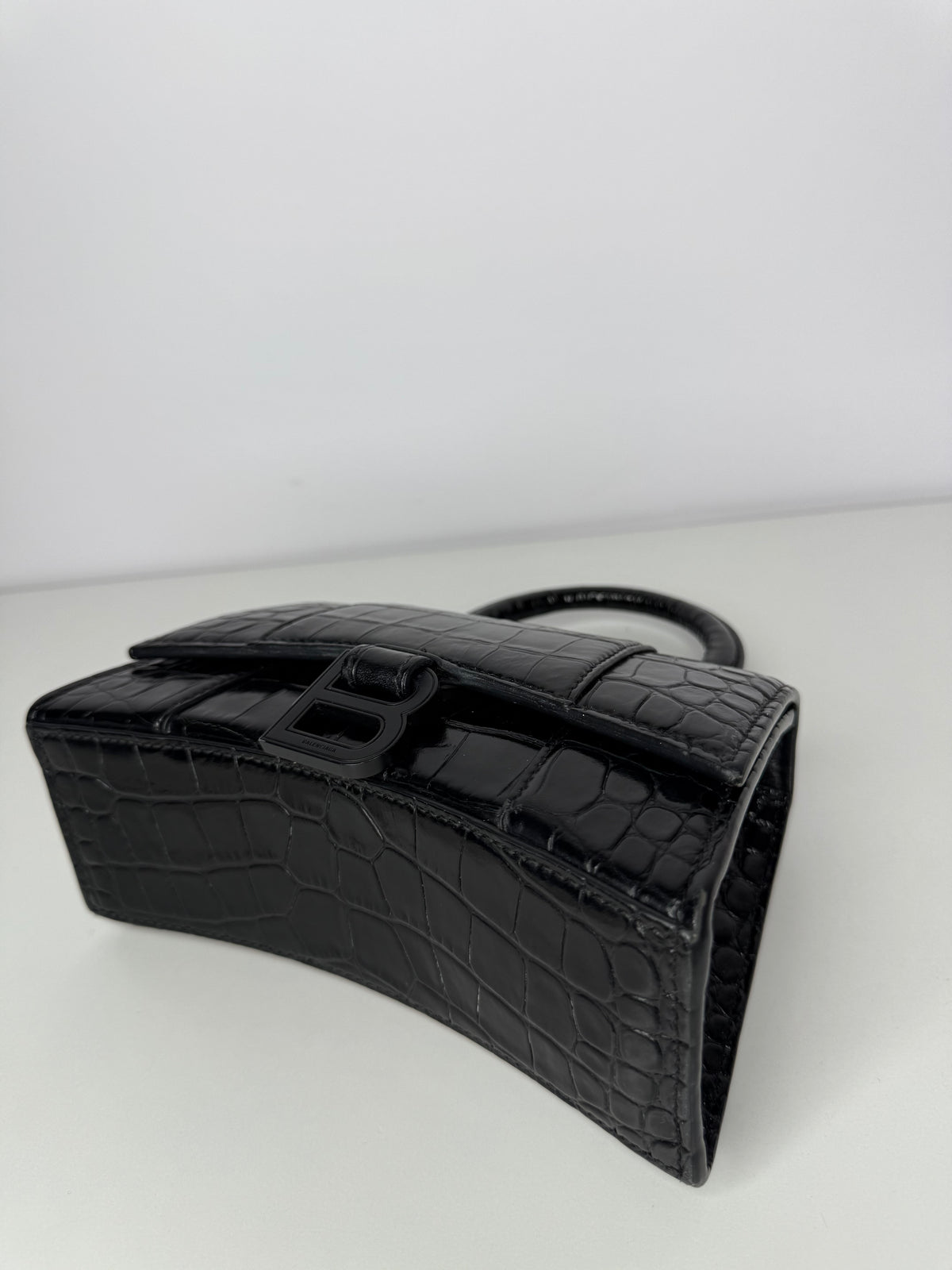 Balenciaga XS Hourglass Croc Embossed Bag Black