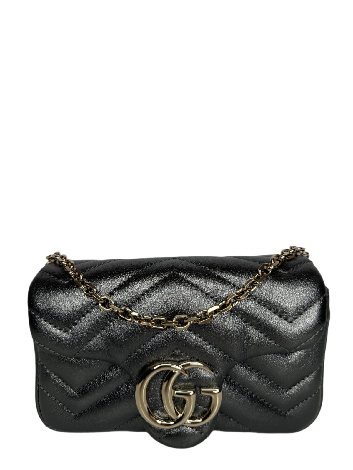 Gucci Calfskin Matelasse Super Mini GG Marmont Shoulder Bag Dark Gray