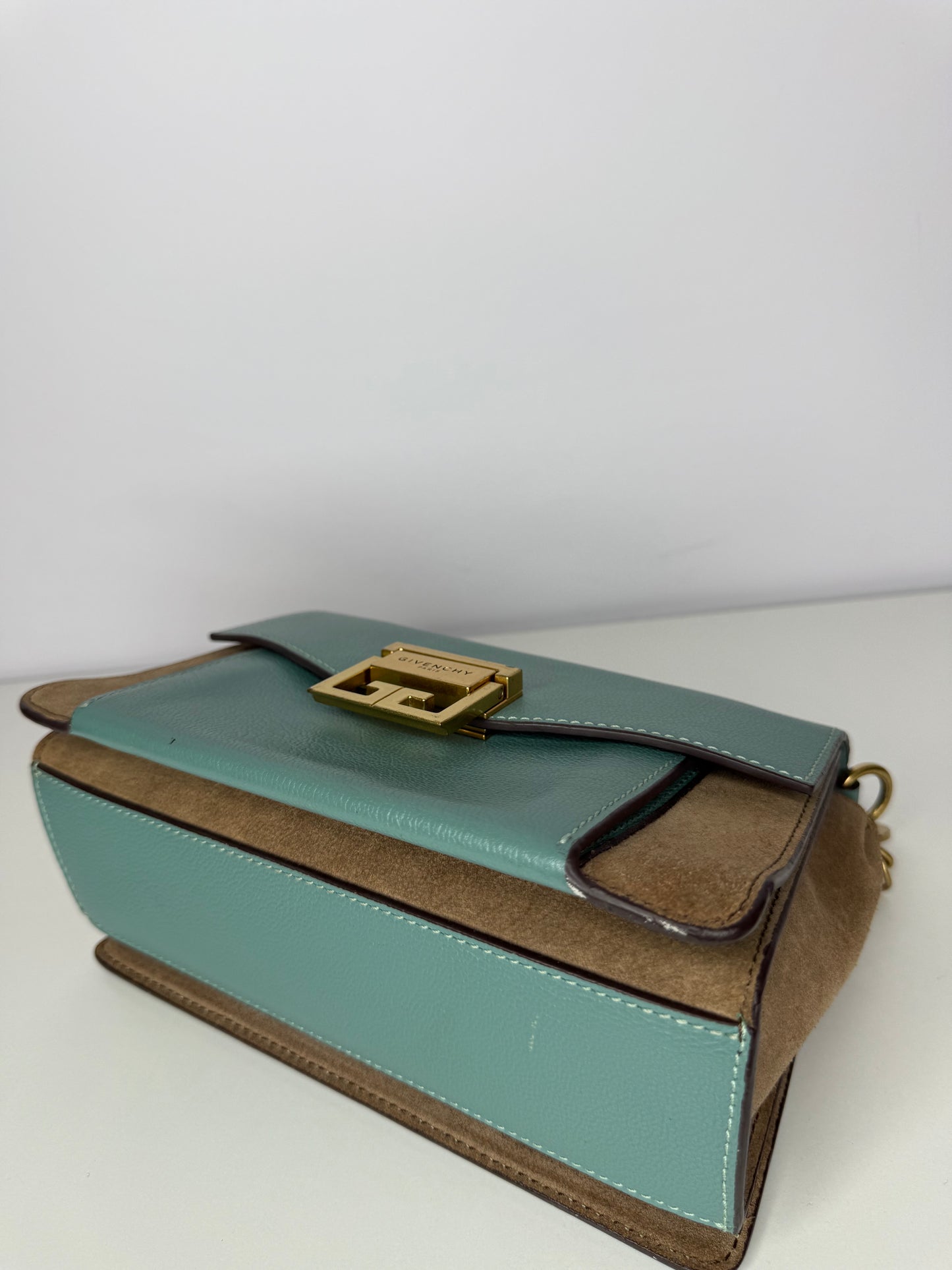 Givenchy GV3 in Light Blue Sugar Goatskin Tan Suede Trim Small Crossbody Bag