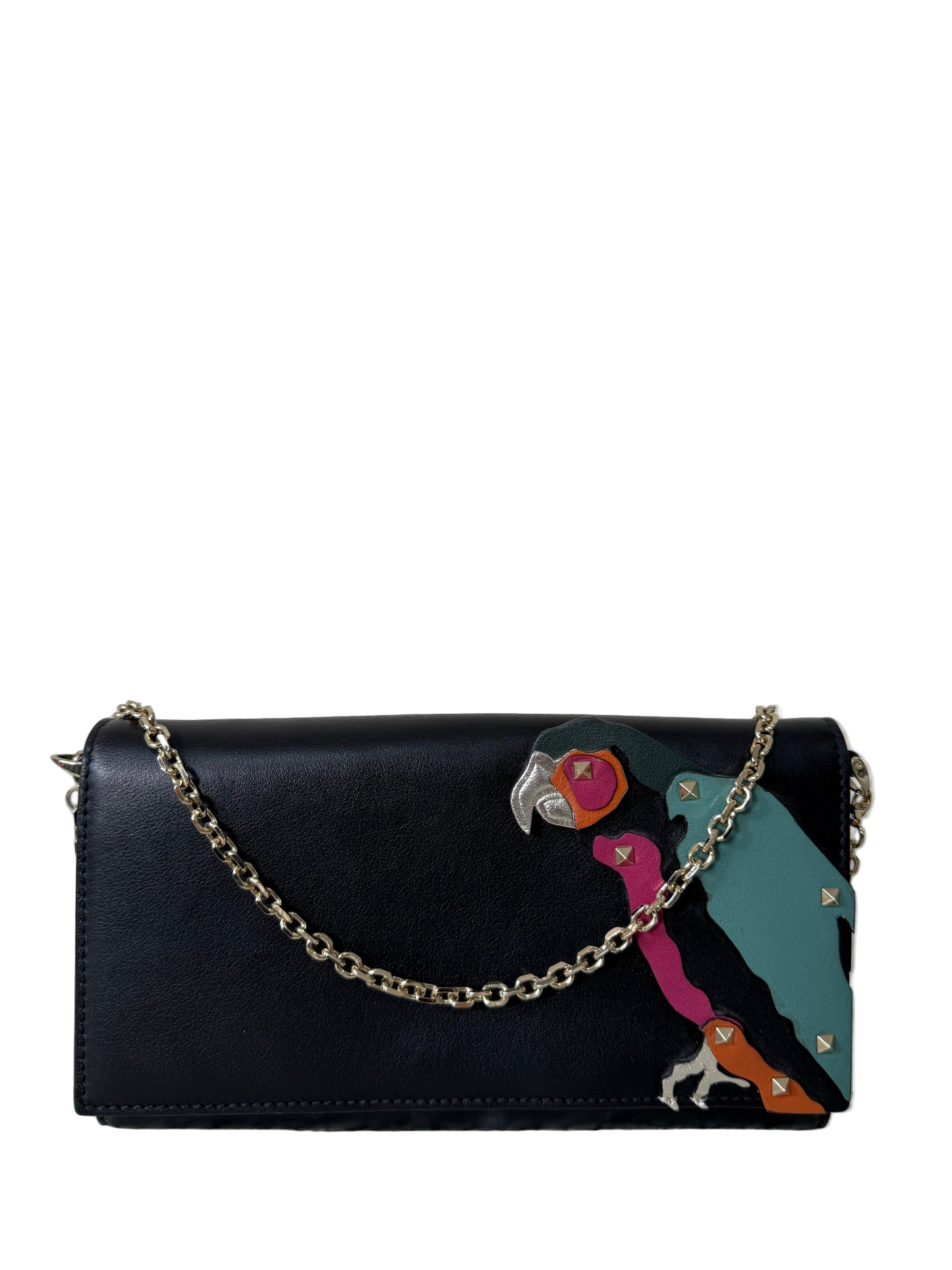 Valentino Garavani Parrot Motif and Black Leather Wallet on Chain