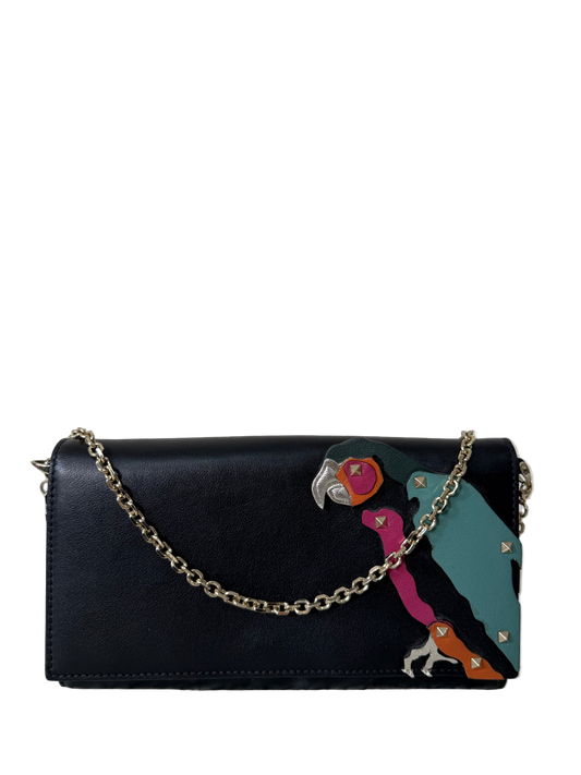 Valentino Garavani Parrot Motif and Black Leather Wallet on Chain