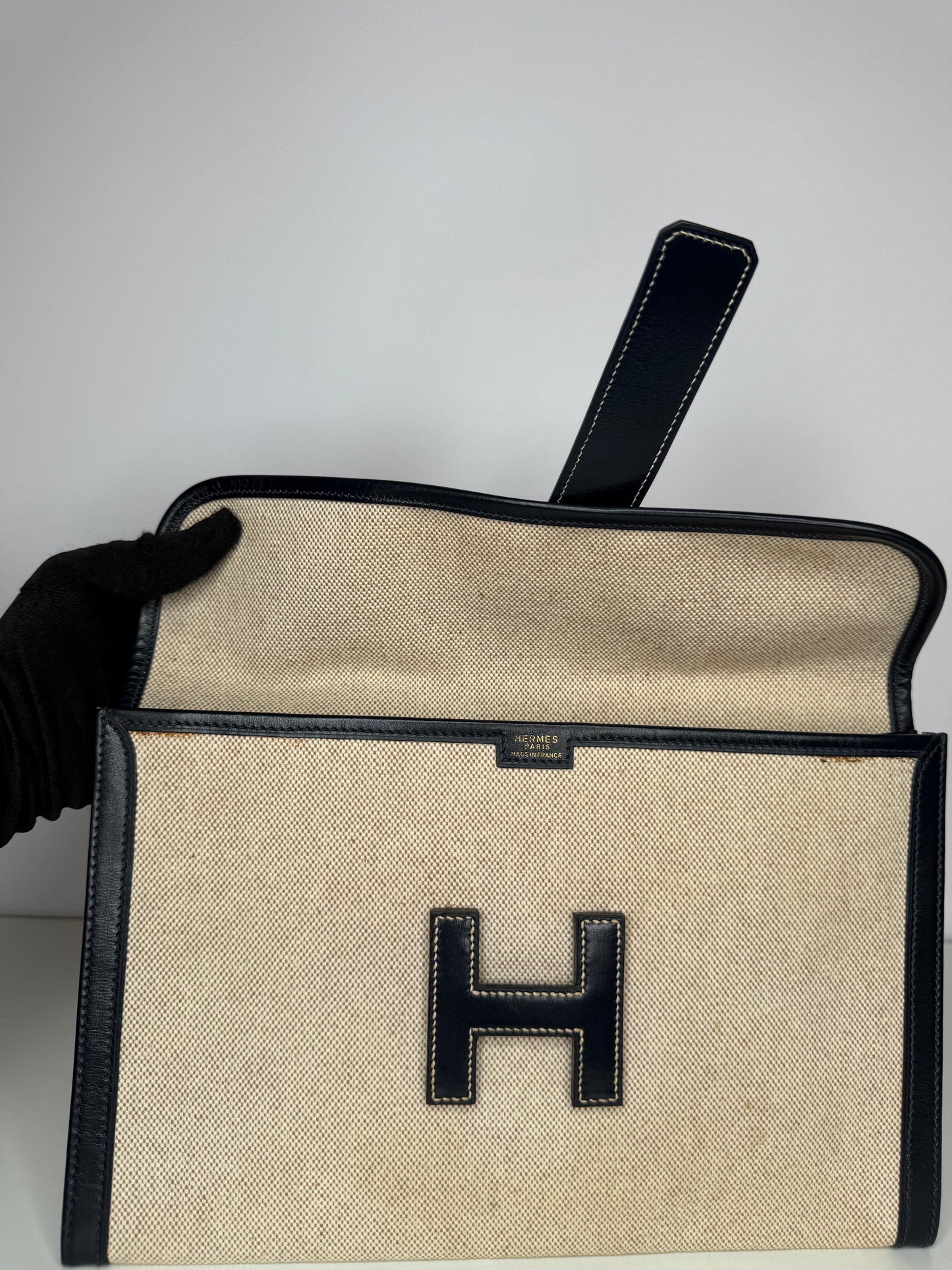 Hermès Box/Bleu Marine Toile H Canvas/Leather Elan 29 Jige Clutch