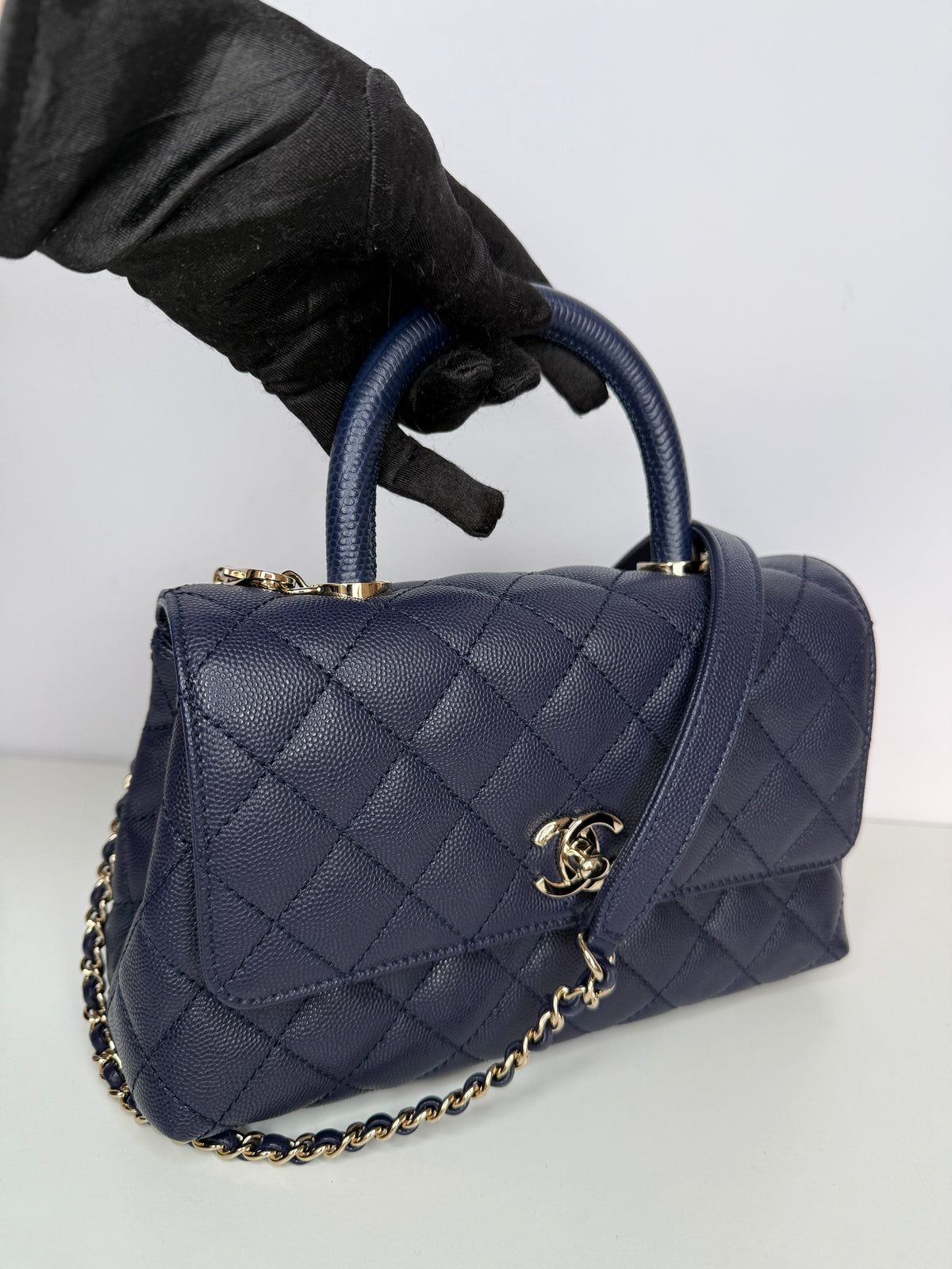 Chanel Coco Handle Small Blue Caviar with Lizard Top Handle