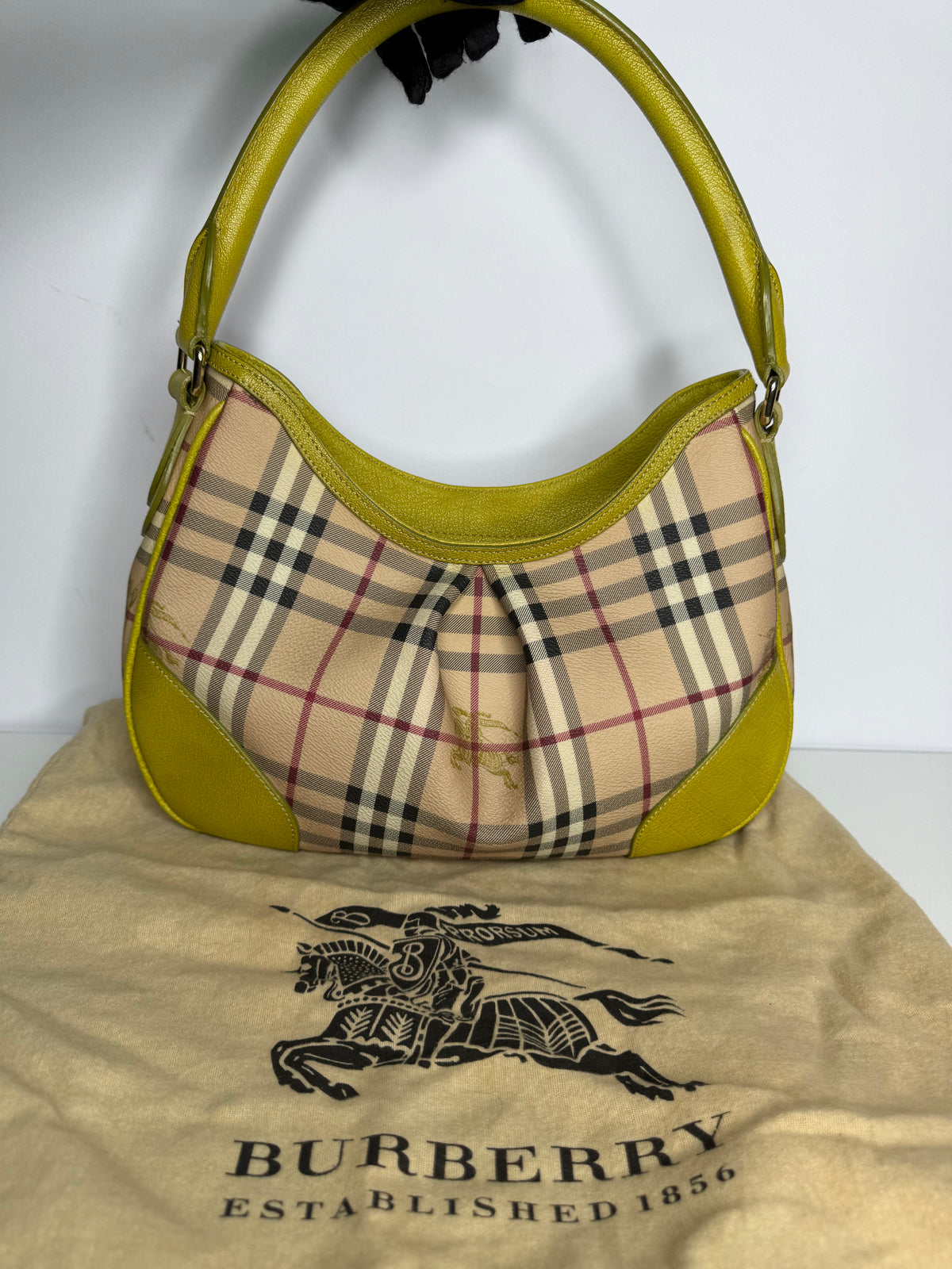 Burberry Beige/Neon Green Haymarket Check Coated Canvas And Leather Hernville Hobo