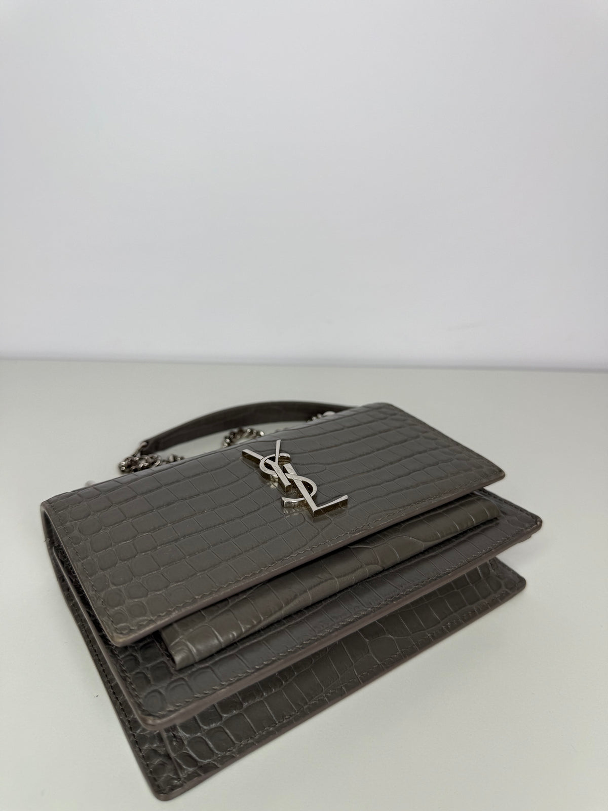 Saint Laurent Grey Croc Embossed Leather Mini Sunset Bag
