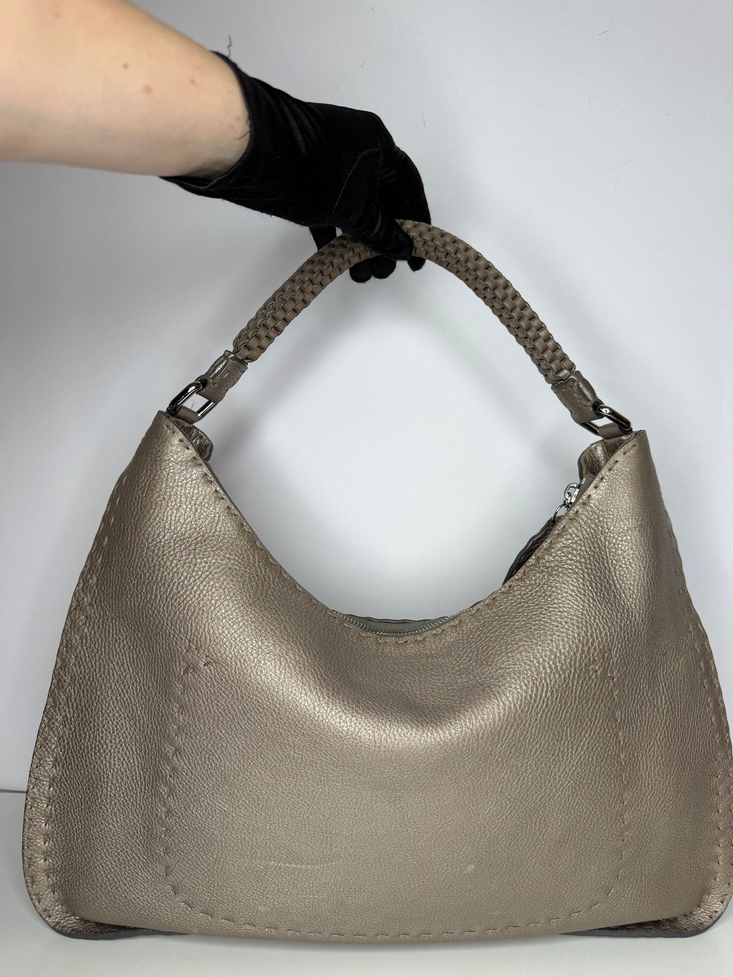 Fendi Pewter Selleria Textured Hobo Bag