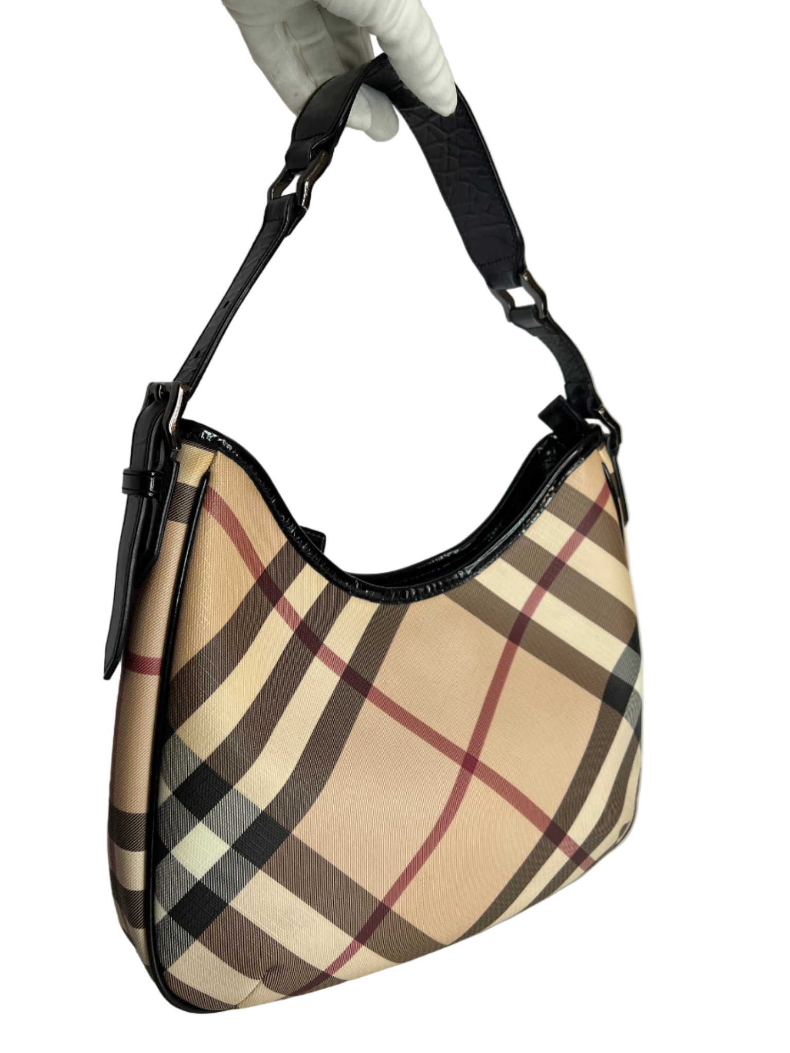 Burberry Beige/Black Nova Check PVC and Patent Leather Barton Hobo