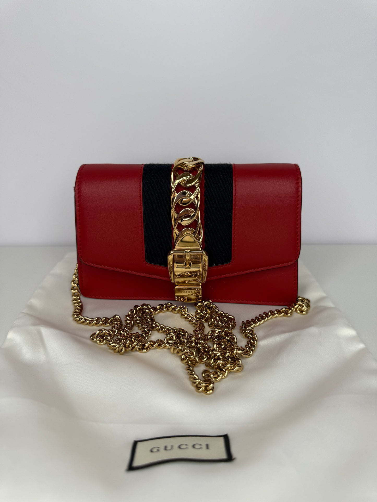 Gucci Mini Sylvie Red Leather Web Signature Chain Crossbody Bag