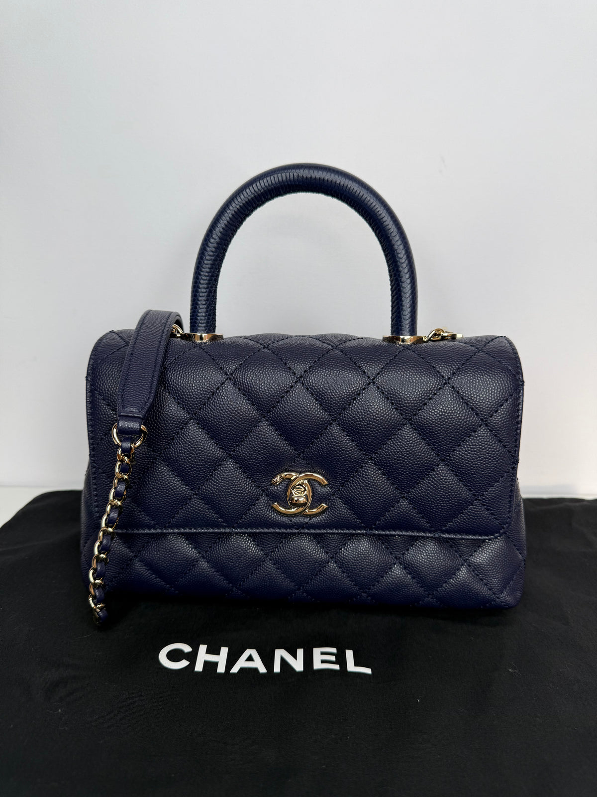 Chanel Coco Handle Small Blue Caviar with Lizard Top Handle